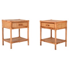 Pair of Mid-Century Modern Bamboo Cane and Rattan Italian Bedside Tables, 1970s