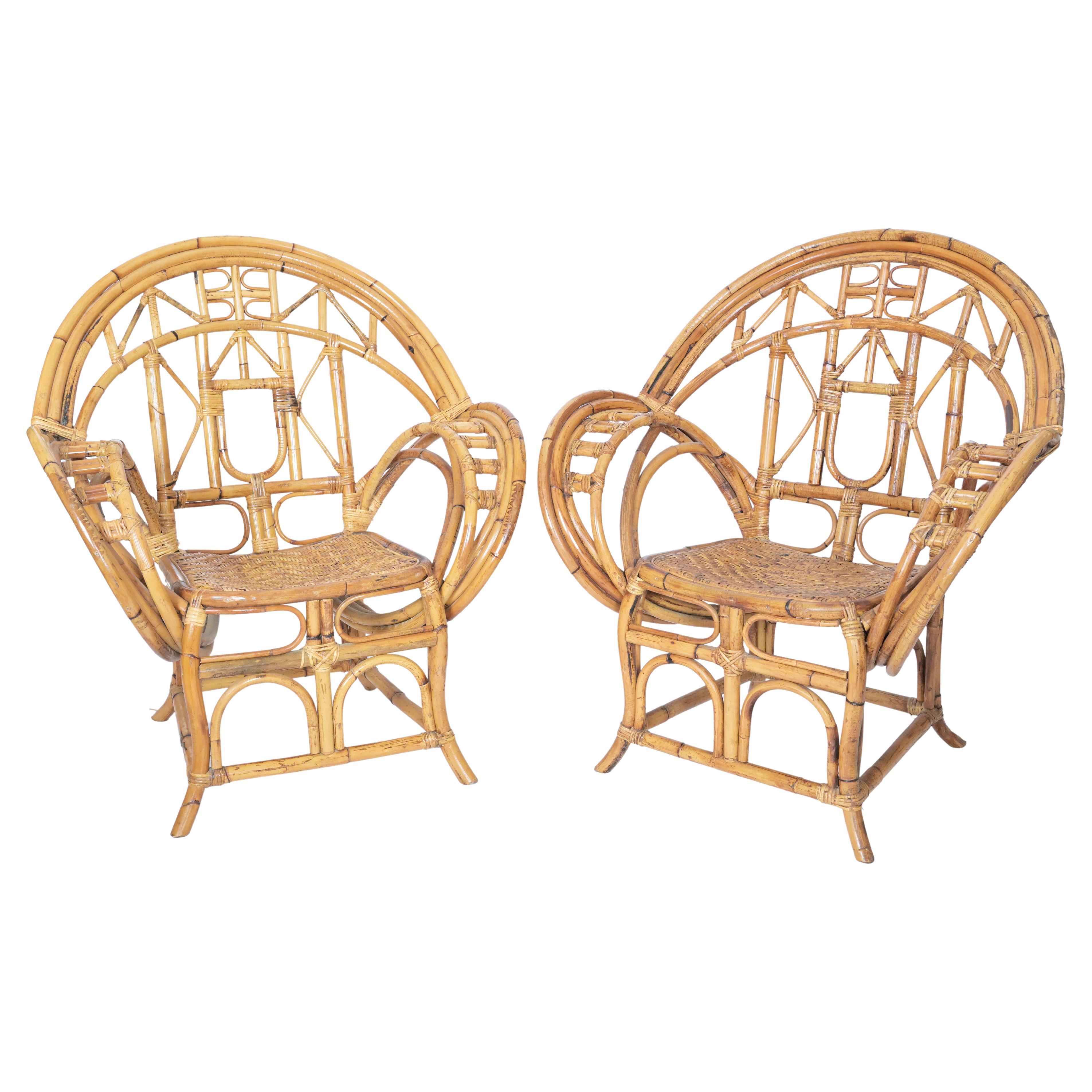 Pair of Mid-Century Modern Bamboo Caned Armchairs For Sale