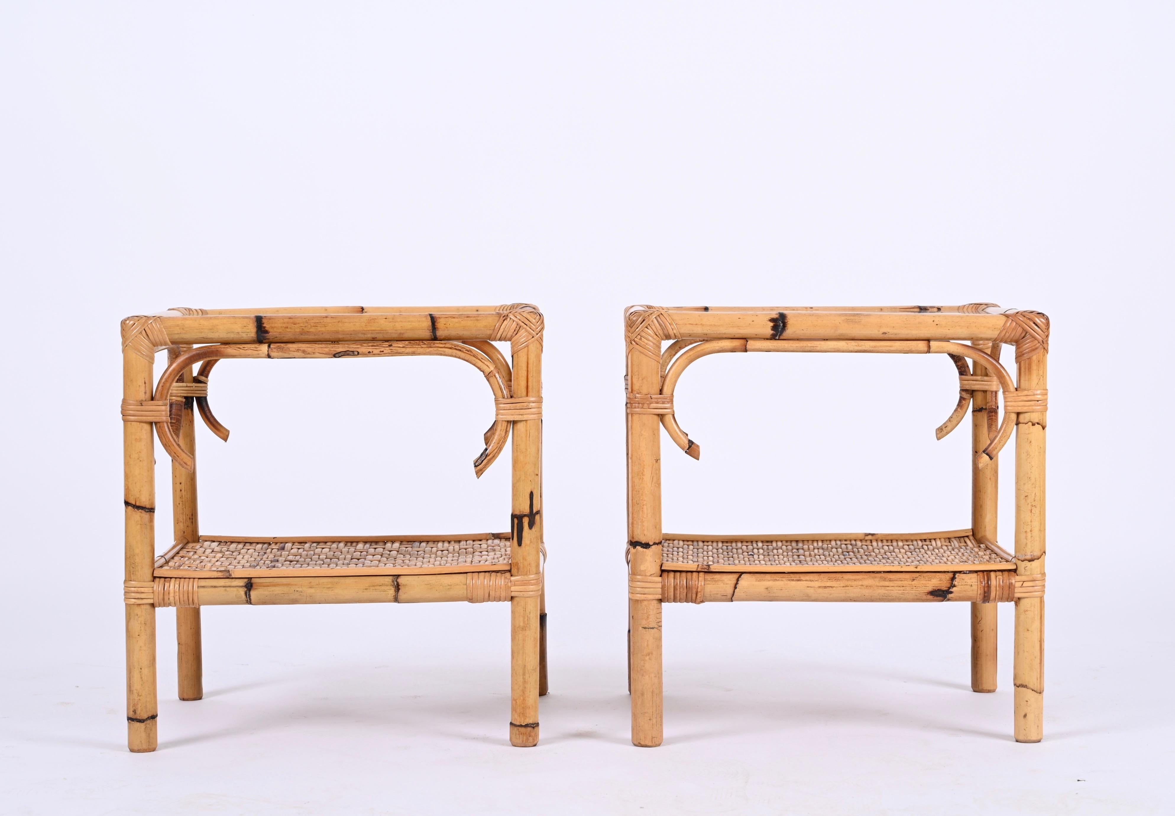 Pair of Mid-Century Modern Bamboo Rattan and Glass Italian Bedside Tables, 1970s 5