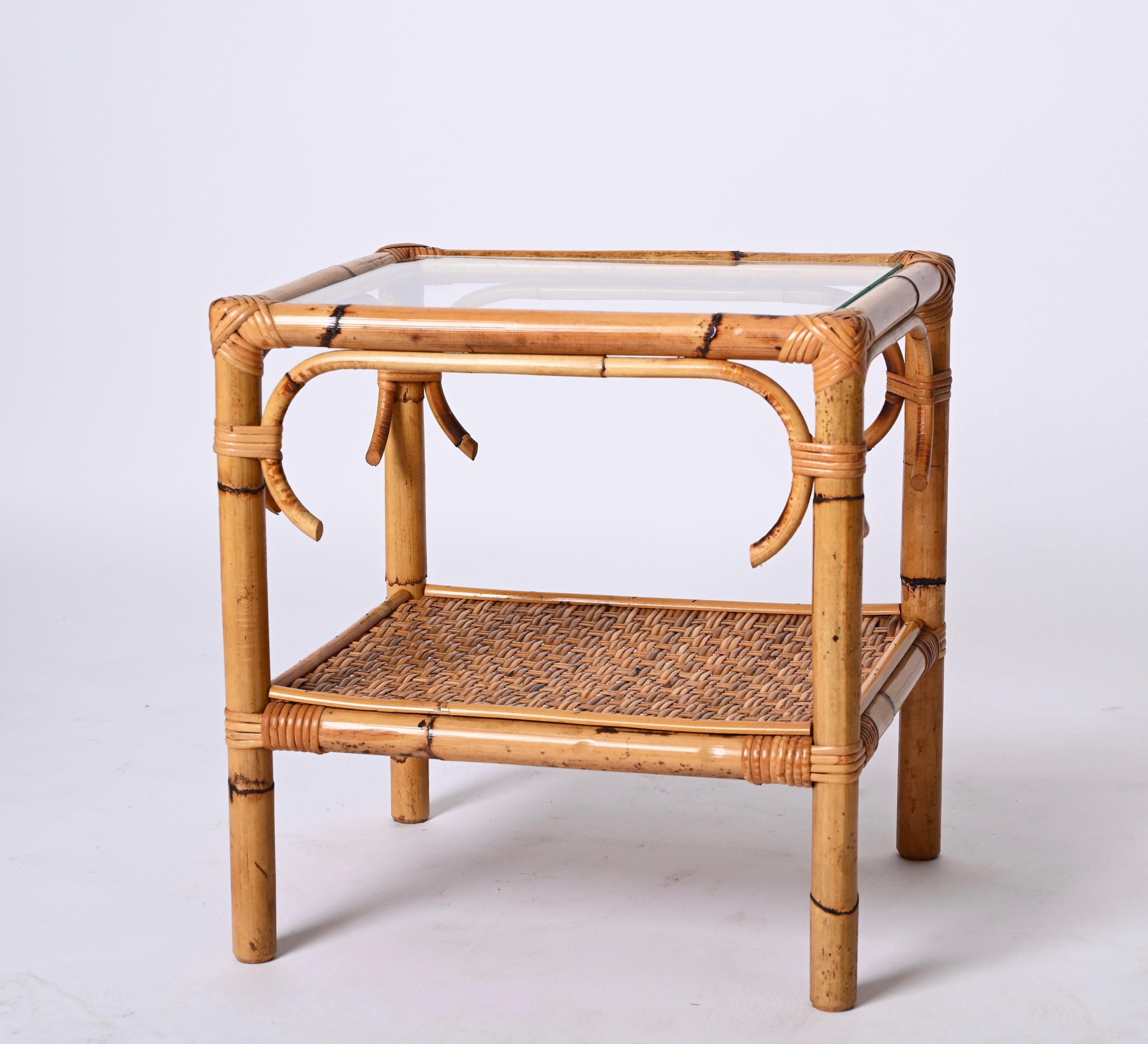 Pair of Mid-Century Modern Bamboo Rattan and Glass Italian Bedside Tables, 1970s 6