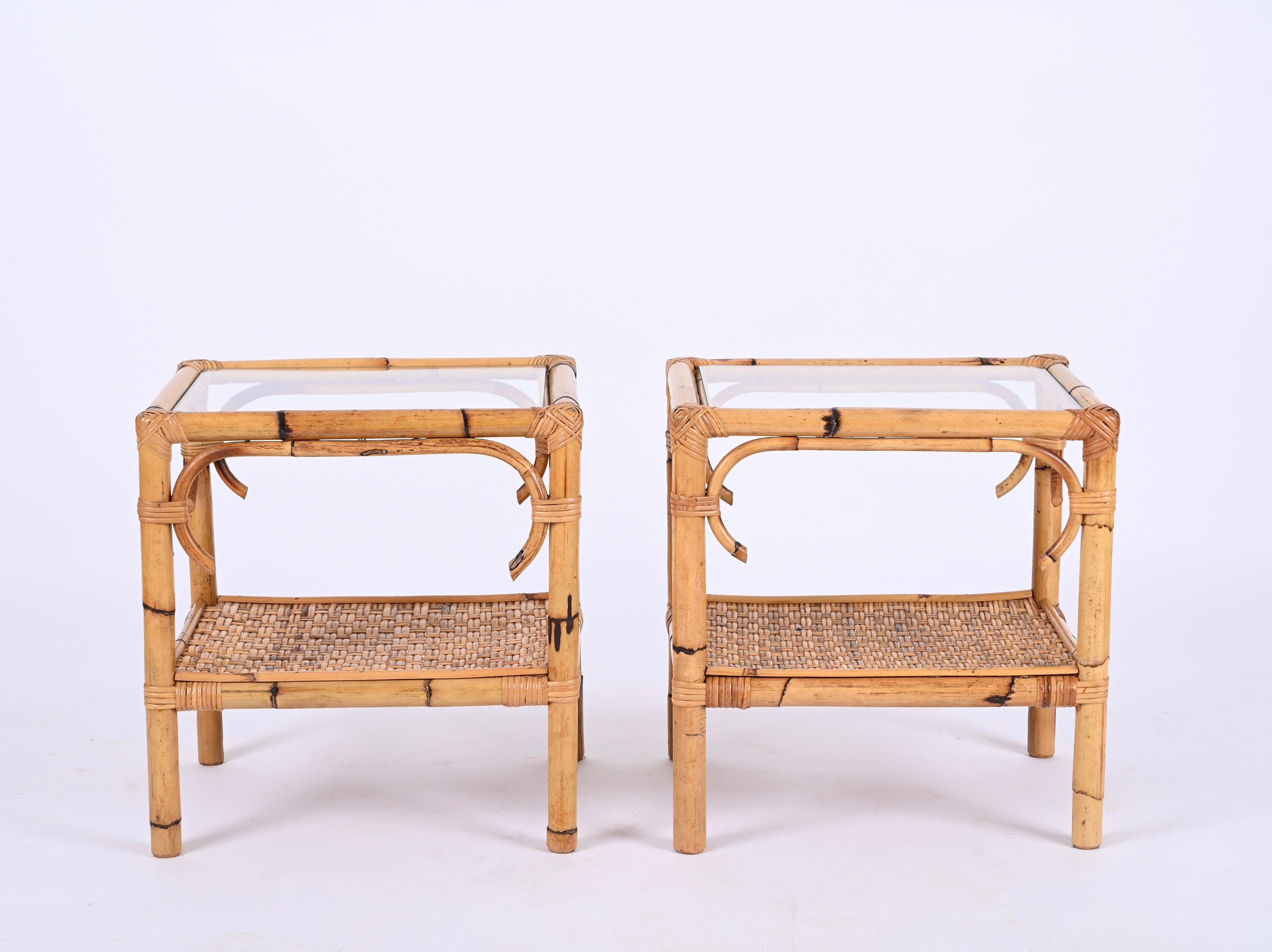 Pair of Mid-Century Modern Bamboo Rattan and Glass Italian Bedside Tables, 1970s 7