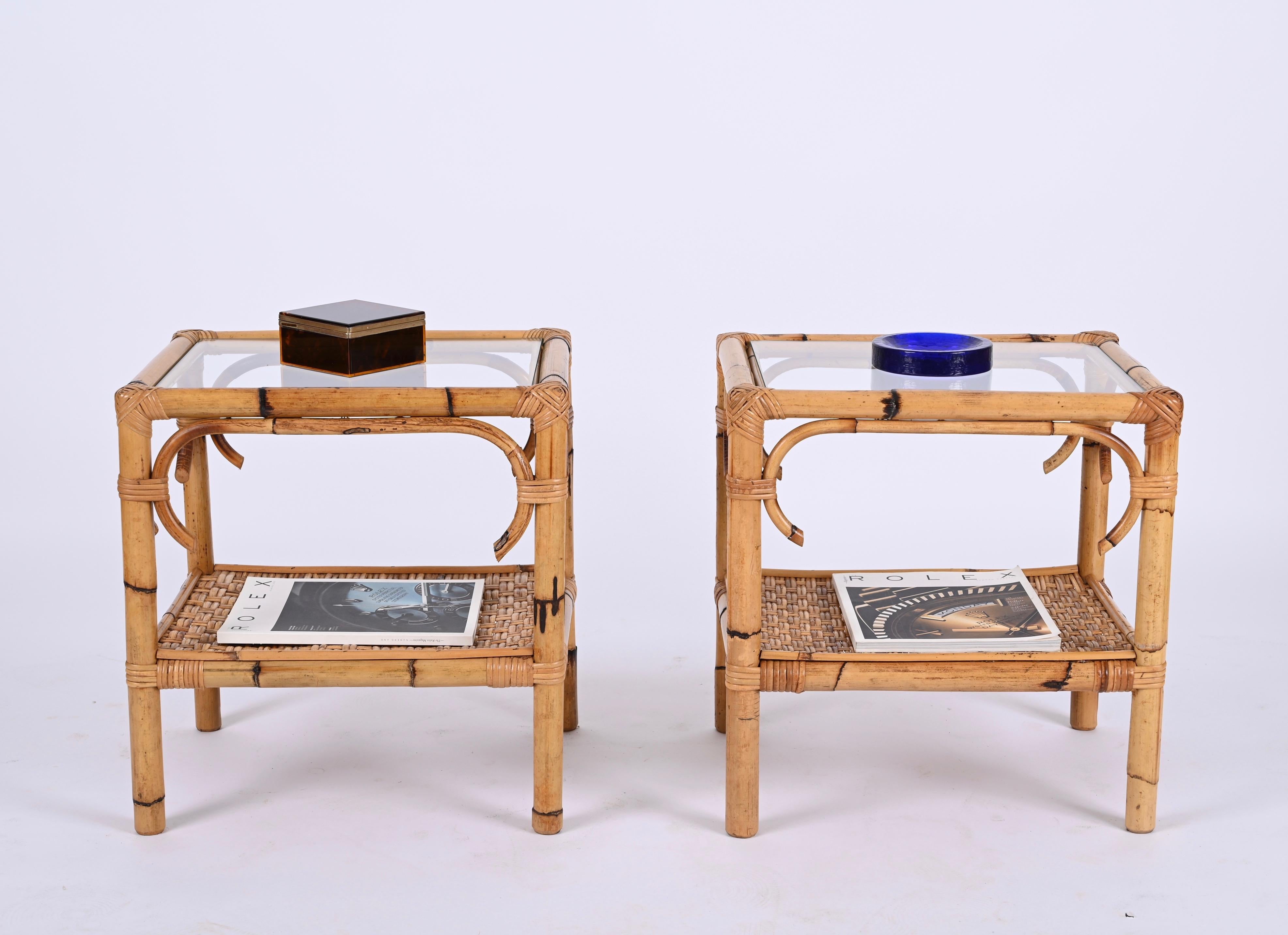 Pair of Mid-Century Modern Bamboo Rattan and Glass Italian Bedside Tables, 1970s 8