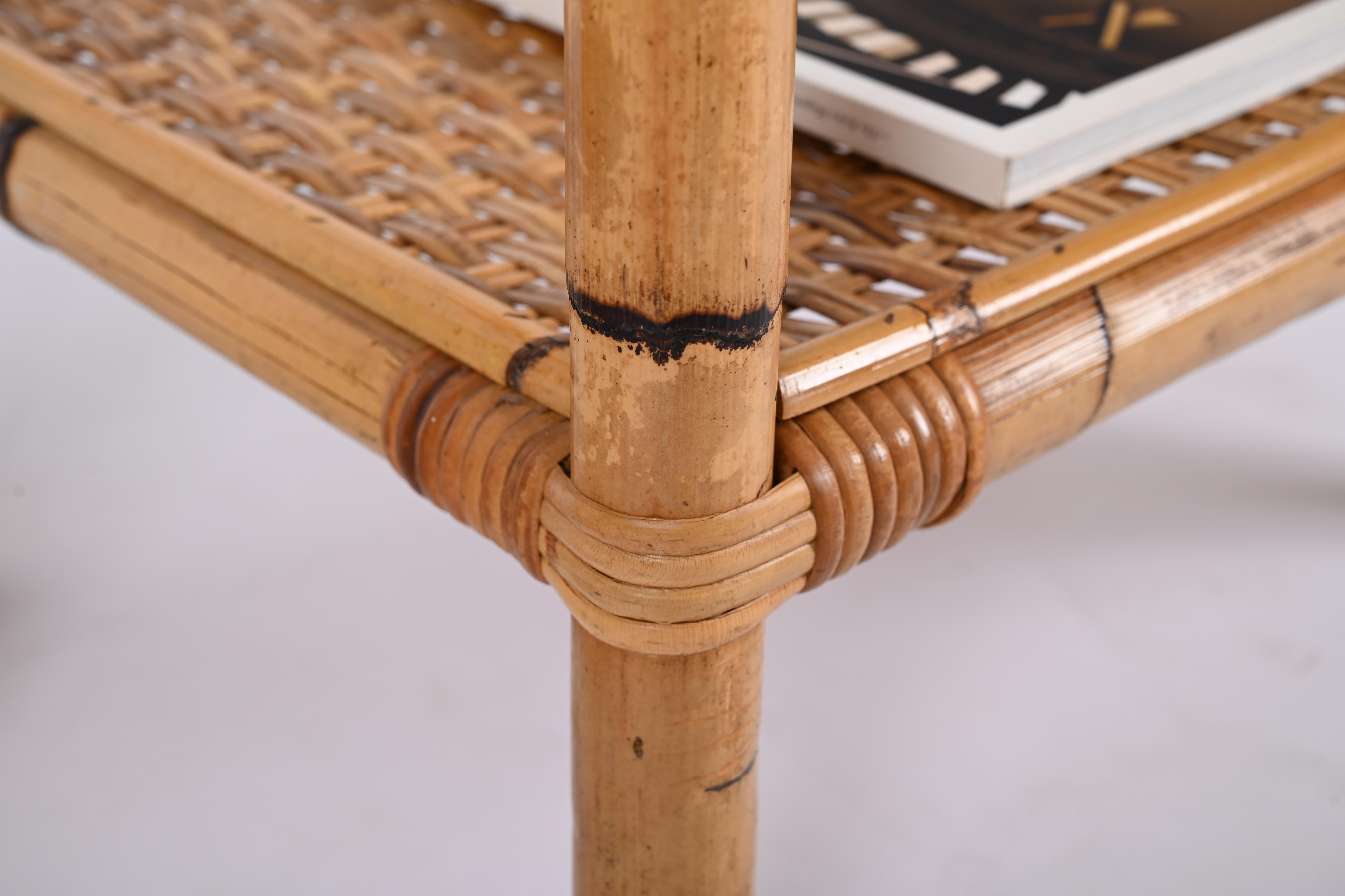 Pair of Mid-Century Modern Bamboo Rattan and Glass Italian Bedside Tables, 1970s 9