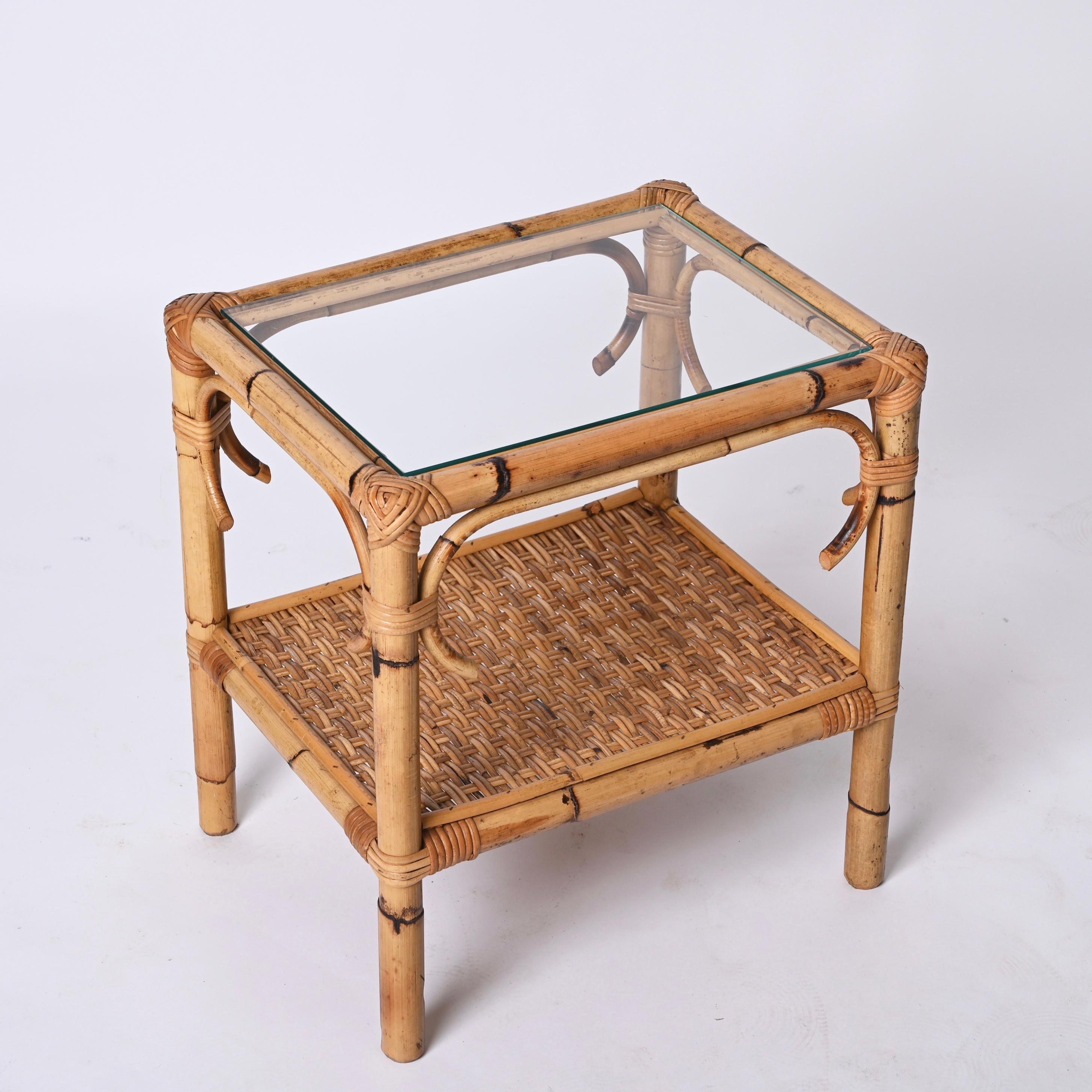 Pair of Mid-Century Modern Bamboo Rattan and Glass Italian Bedside Tables, 1970s 10
