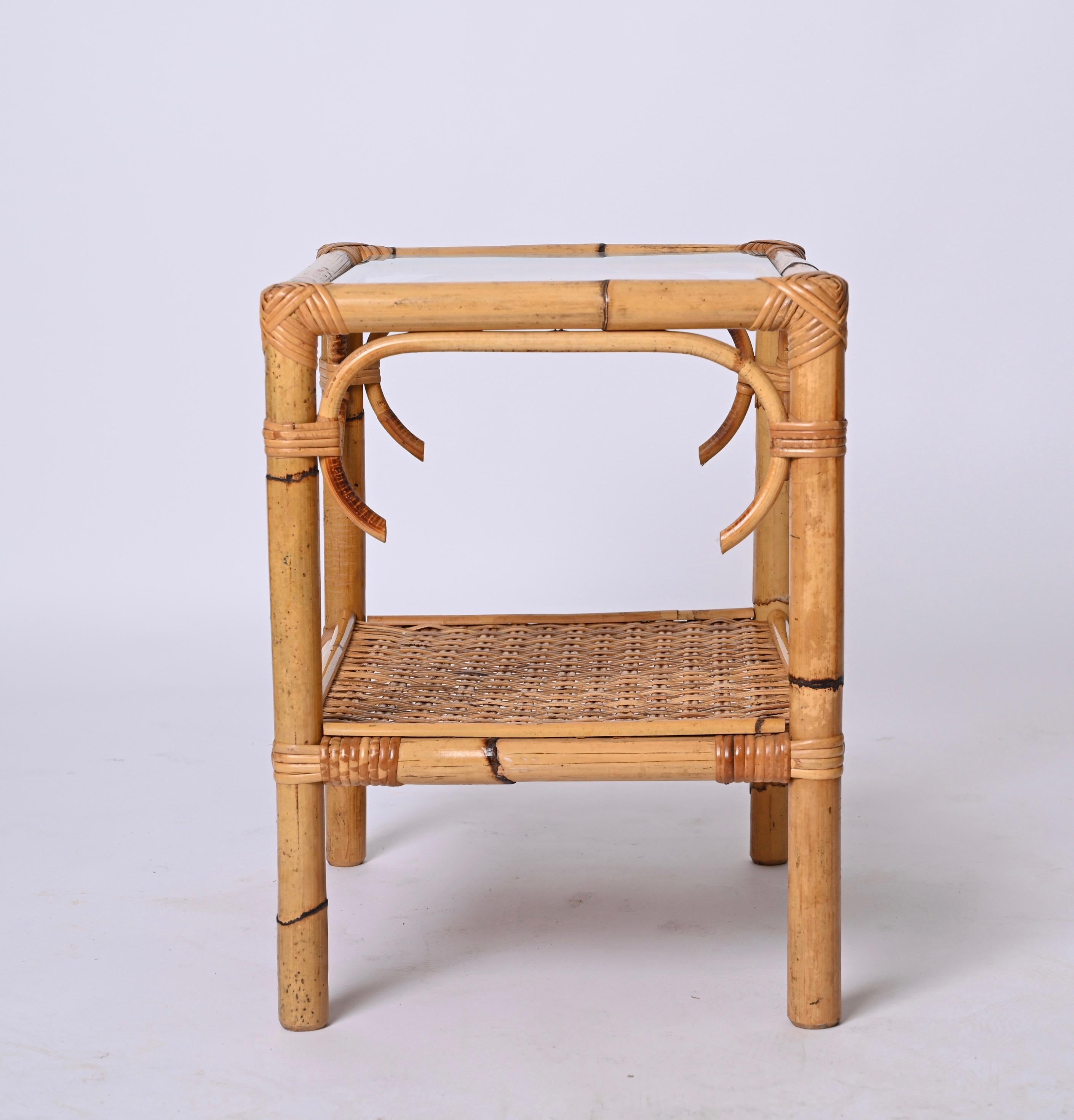 Pair of Mid-Century Modern Bamboo Rattan and Glass Italian Bedside Tables, 1970s 12