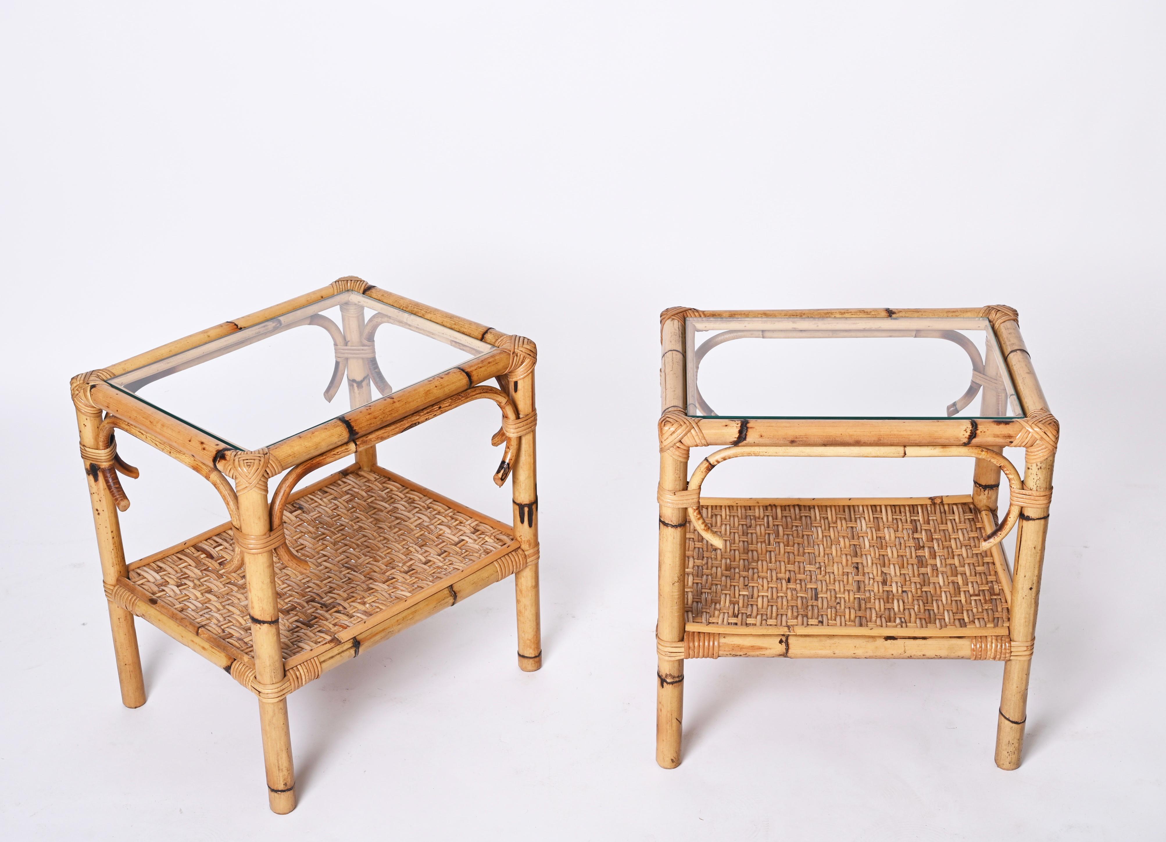 Pair of Mid-Century Modern Bamboo Rattan and Glass Italian Bedside Tables, 1970s 13