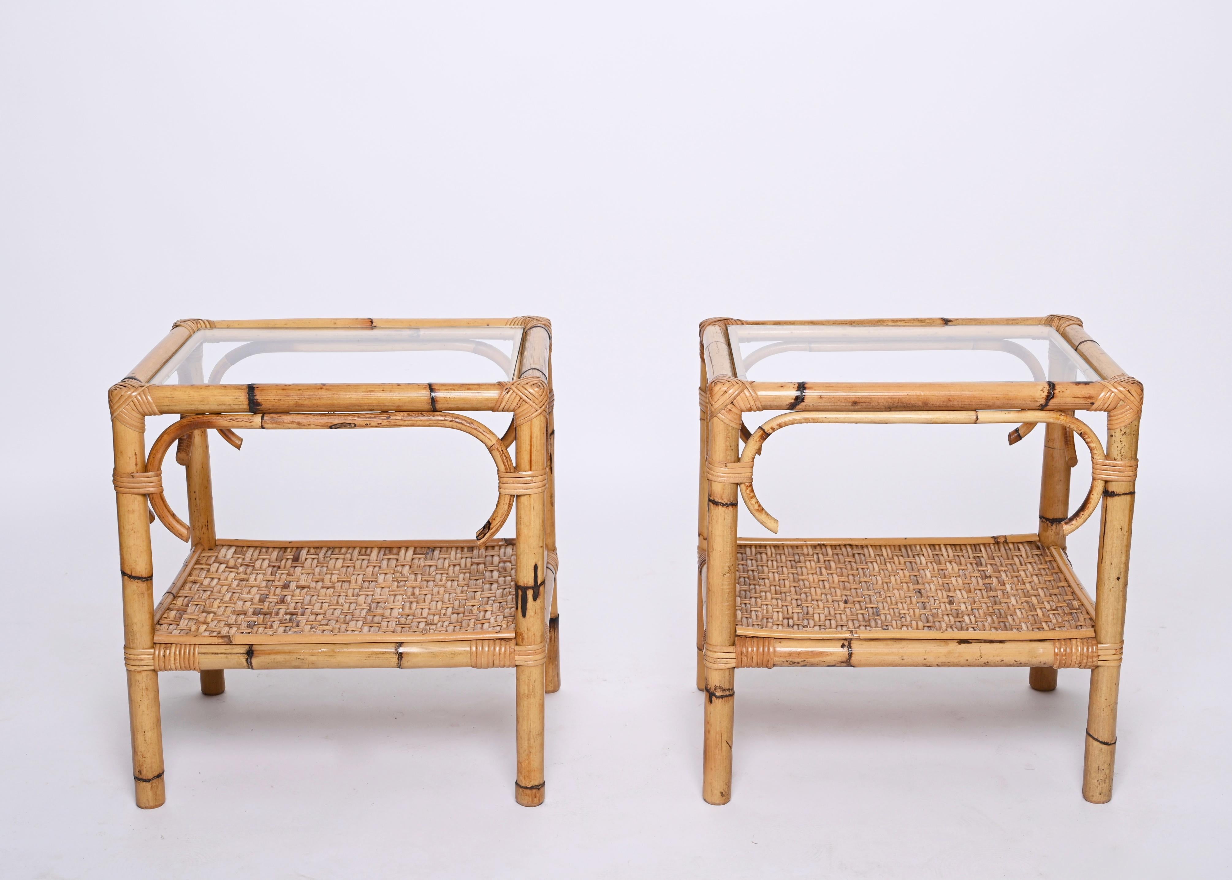 Pair of Mid-Century Modern Bamboo Rattan and Glass Italian Bedside Tables, 1970s 14