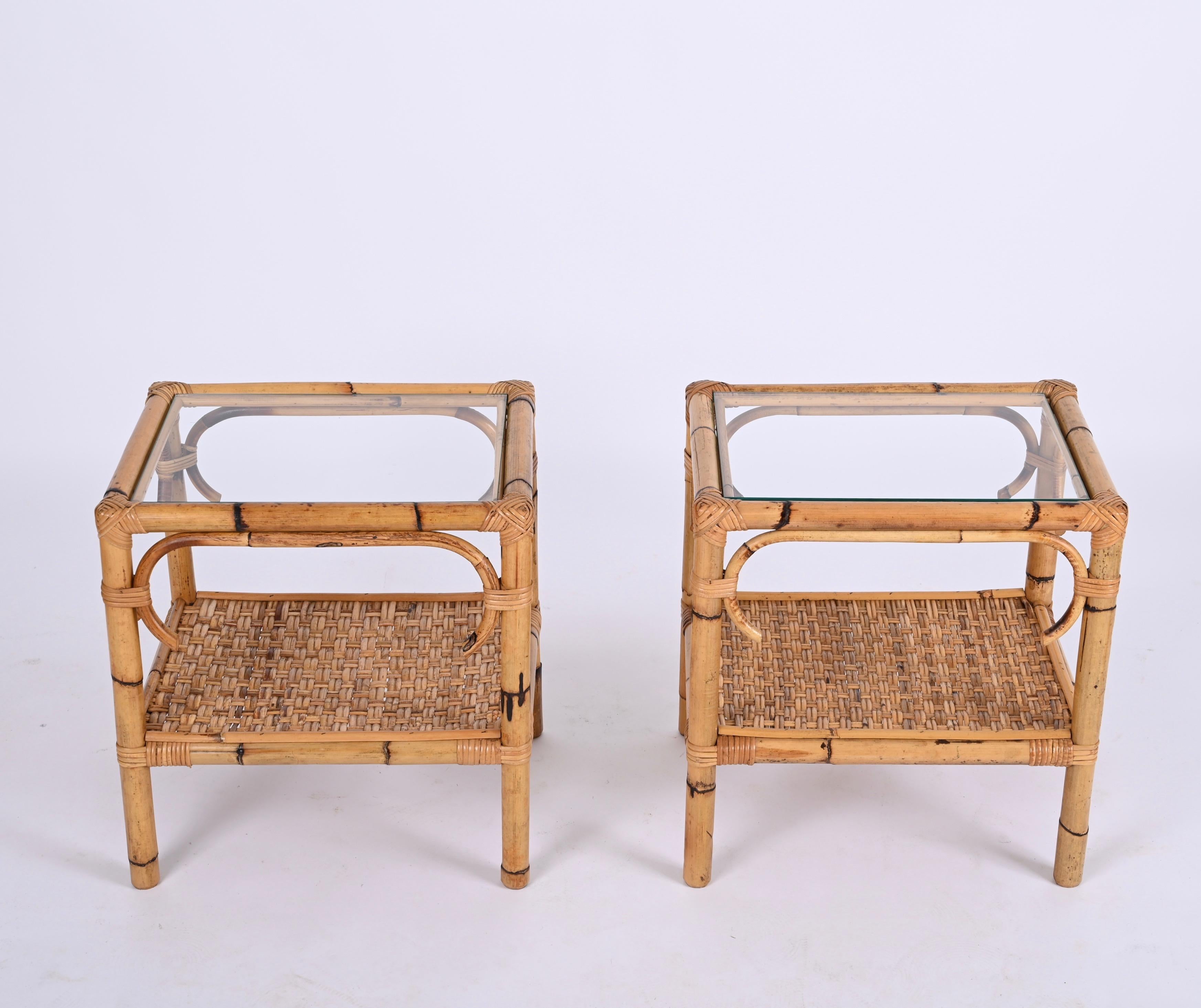 Pair of Mid-Century Modern Bamboo Rattan and Glass Italian Bedside Tables, 1970s 15