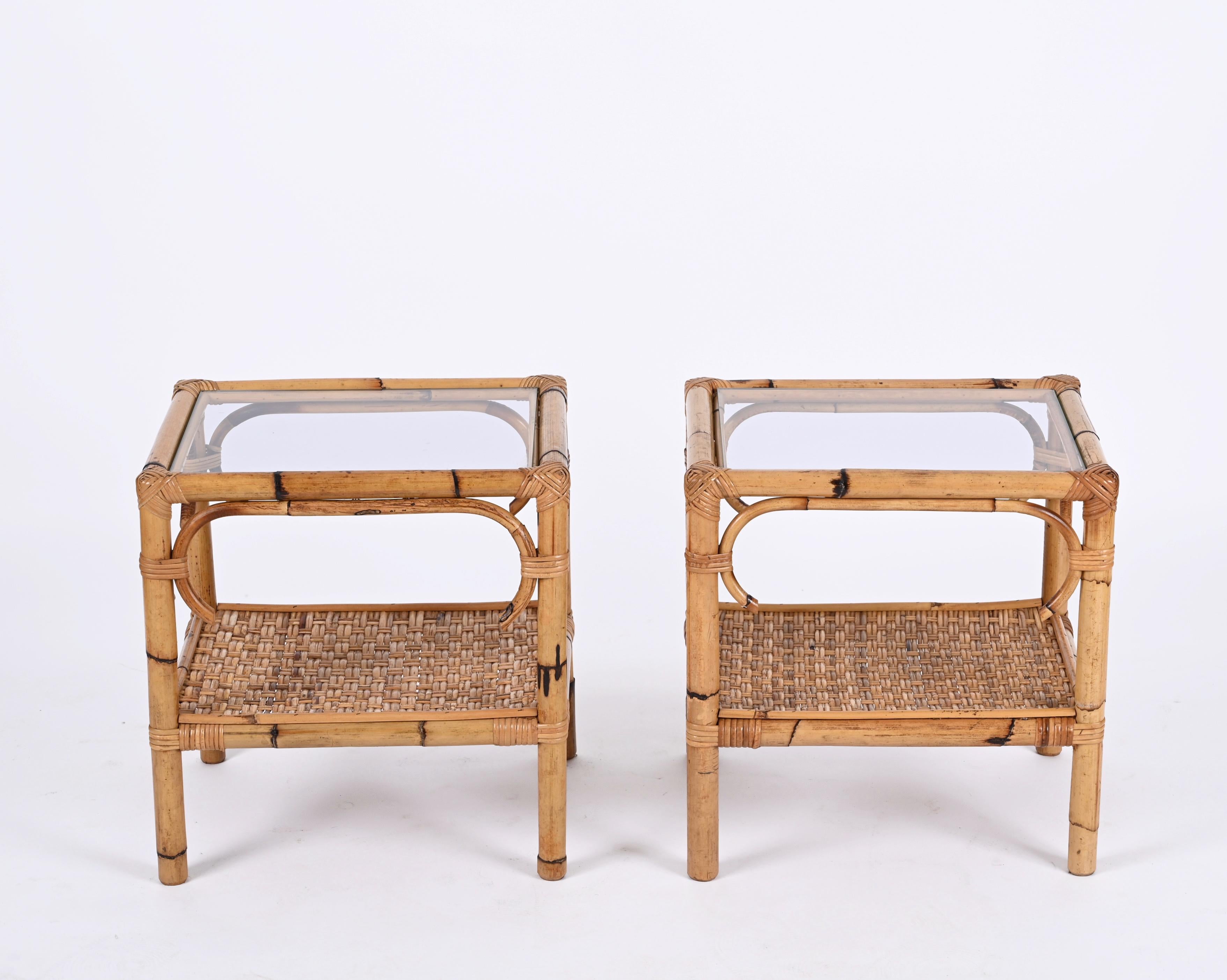Pair of Mid-Century Modern Bamboo Rattan and Glass Italian Bedside Tables, 1970s 1