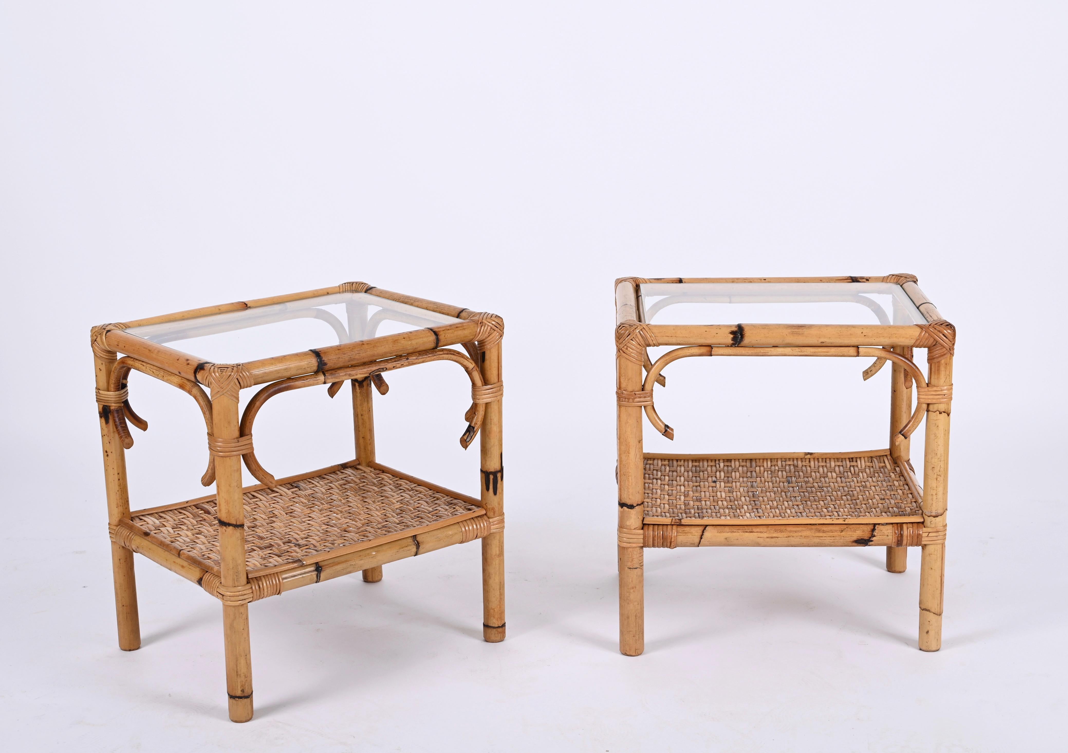 Pair of Mid-Century Modern Bamboo Rattan and Glass Italian Bedside Tables, 1970s 2
