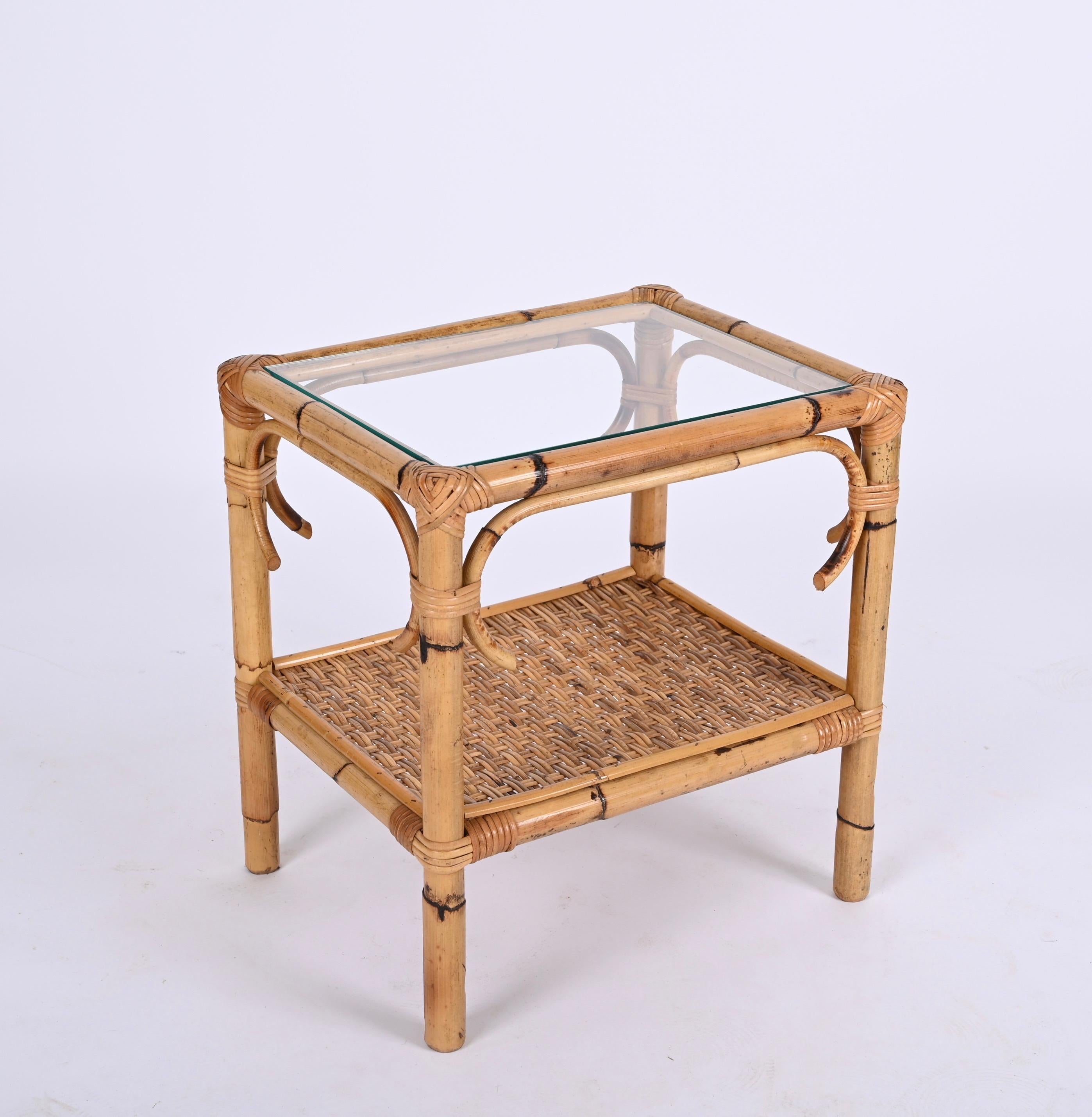 Pair of Mid-Century Modern Bamboo Rattan and Glass Italian Bedside Tables, 1970s 3