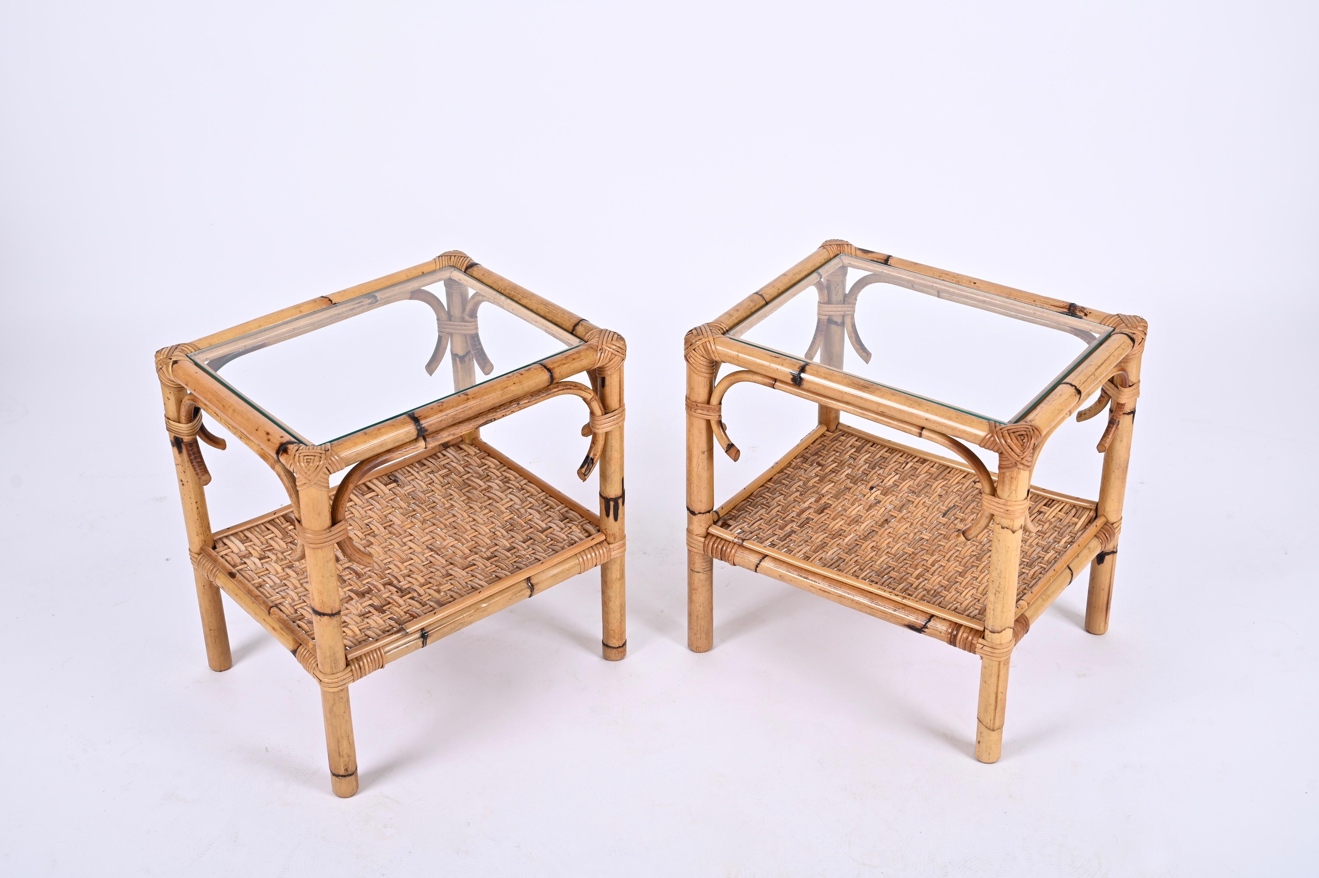 Pair of Mid-Century Modern Bamboo Rattan and Glass Italian Bedside Tables, 1970s 4