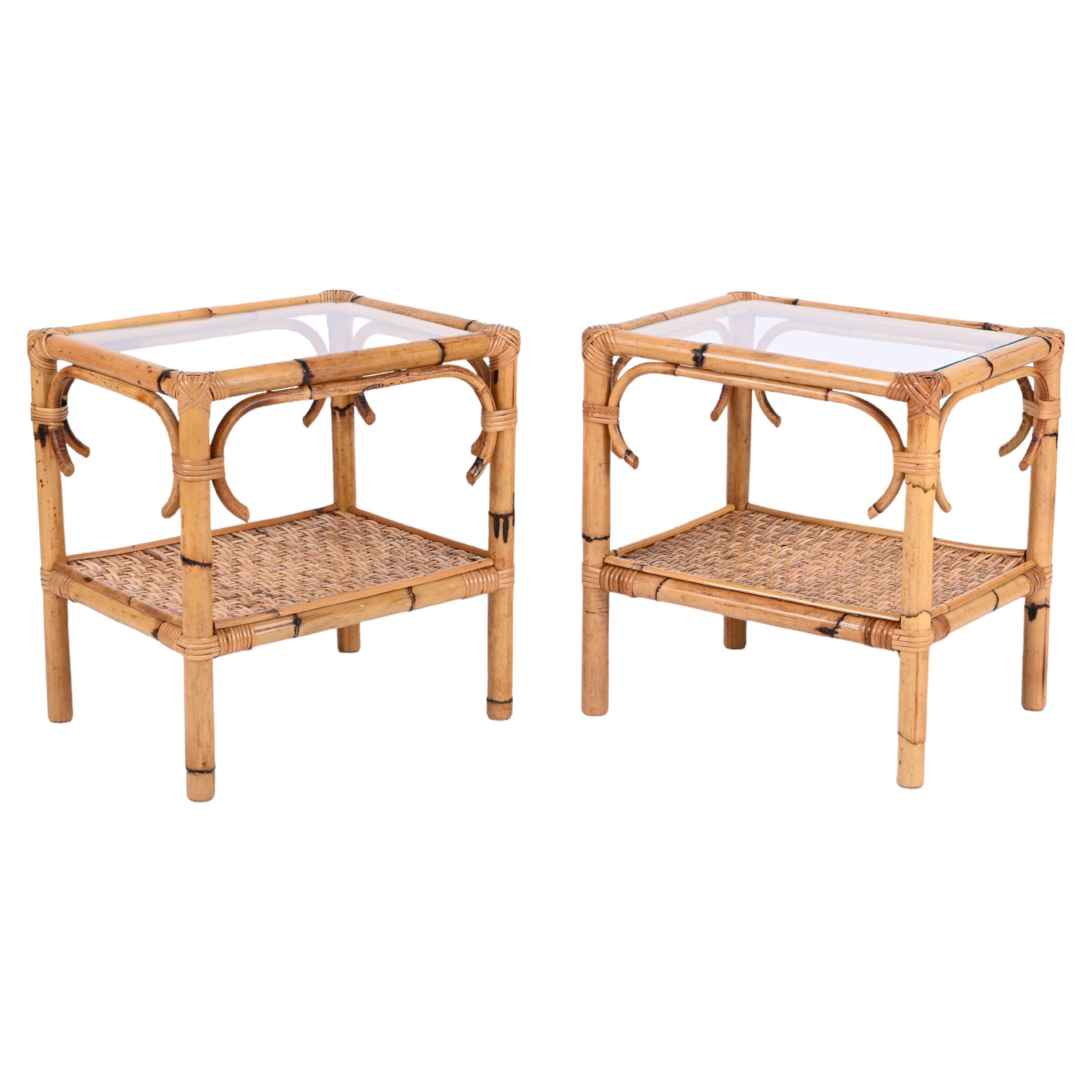 Pair of Mid-Century Modern Bamboo Rattan and Glass Italian Bedside Tables, 1970s