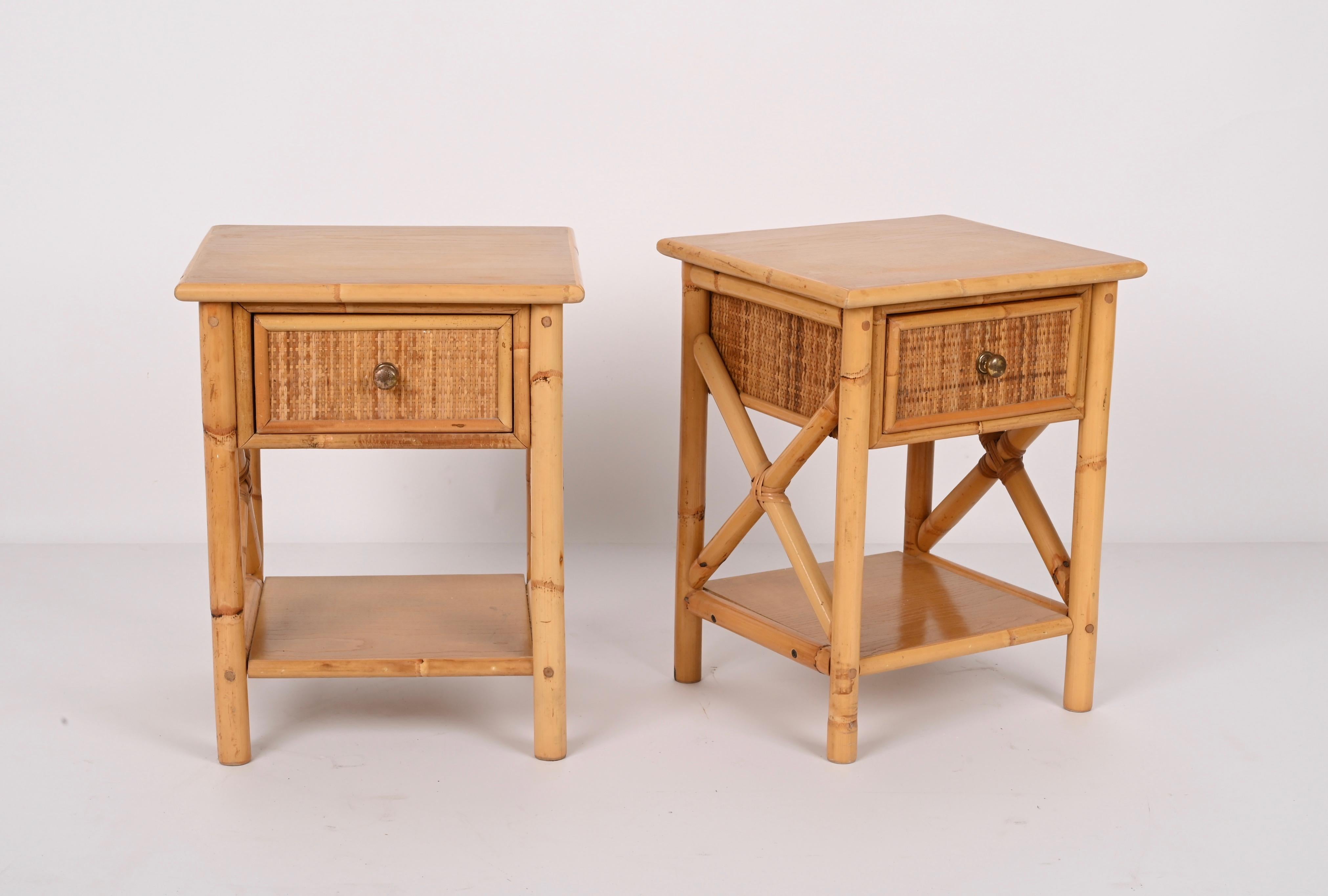 Pair of Mid-Century Modern Bamboo Rattan and Wood Italian Bedside Tables, 1980s 4