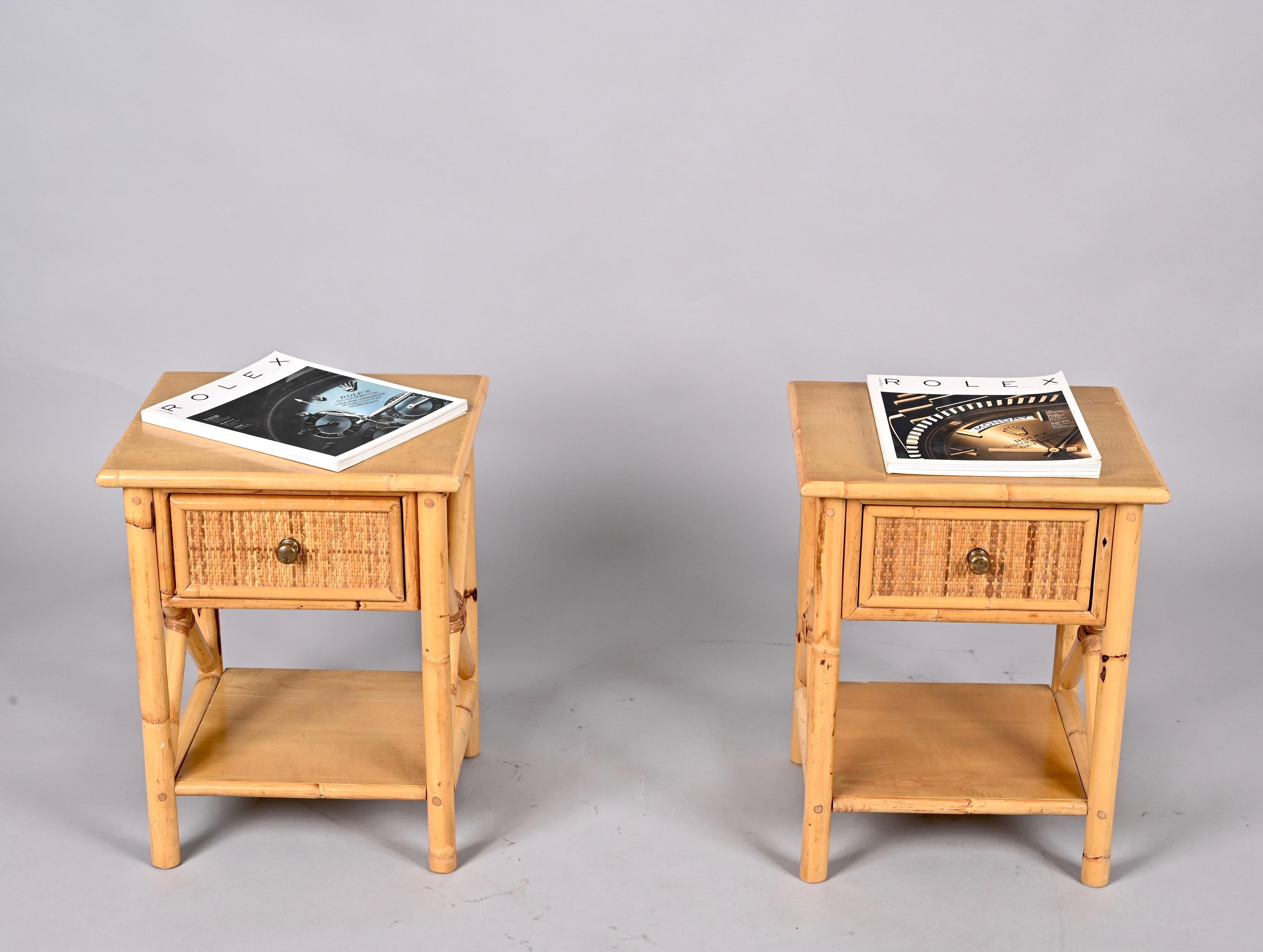 Pair of Mid-Century Modern Bamboo Rattan and Wood Italian Bedside Tables, 1980s 5