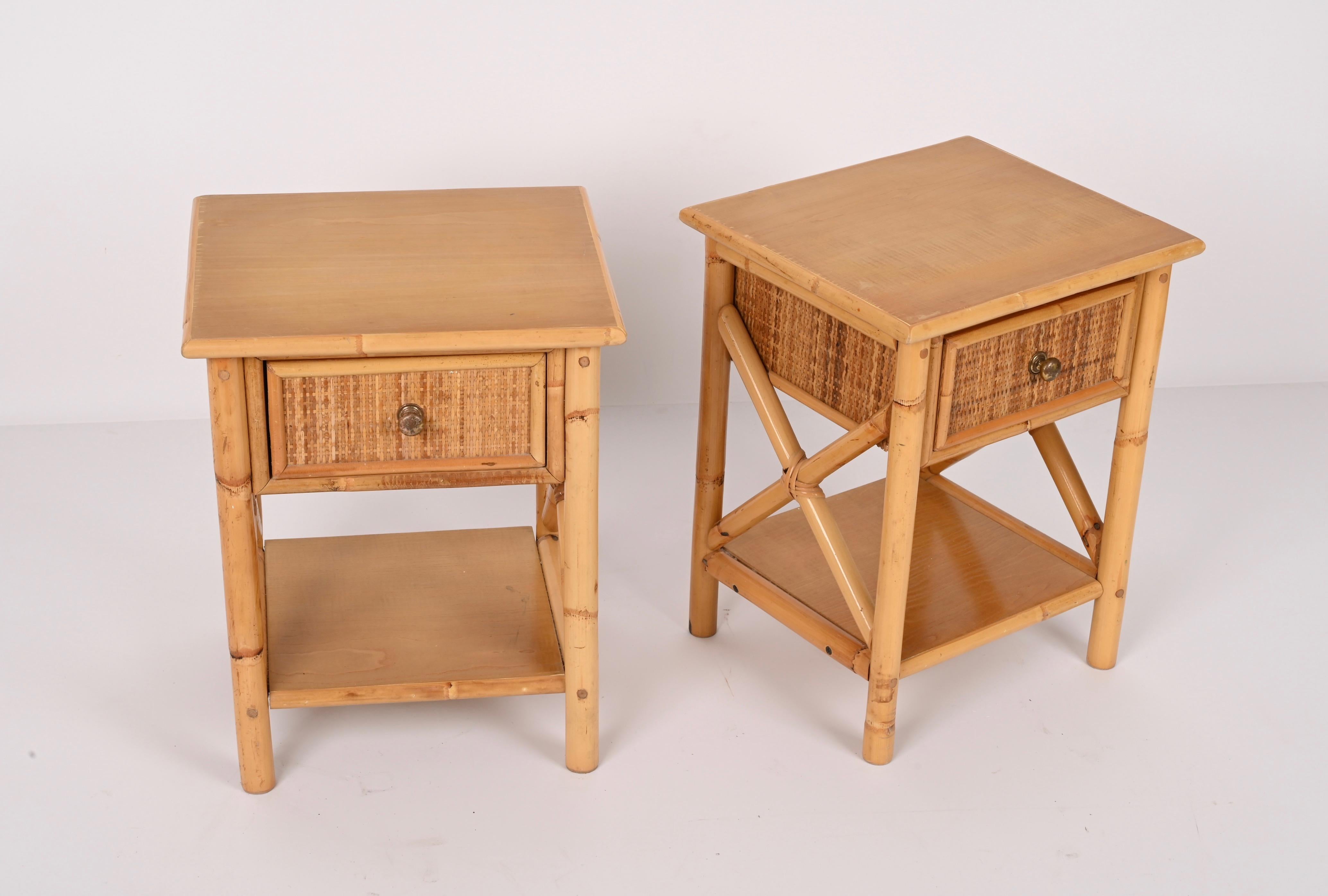 Pair of Mid-Century Modern Bamboo Rattan and Wood Italian Bedside Tables, 1980s 5