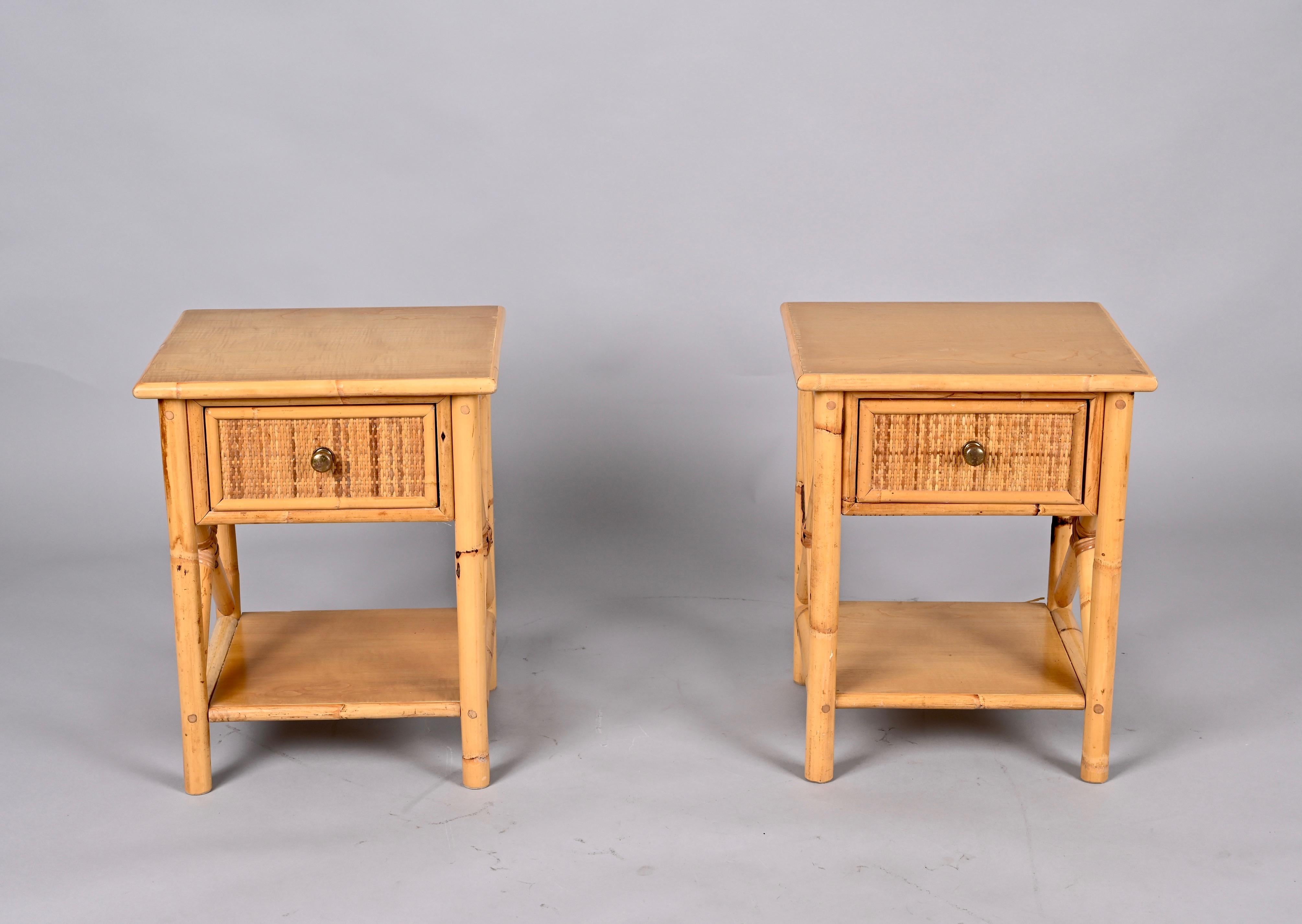 Pair of Mid-Century Modern Bamboo Rattan and Wood Italian Bedside Tables, 1980s 6