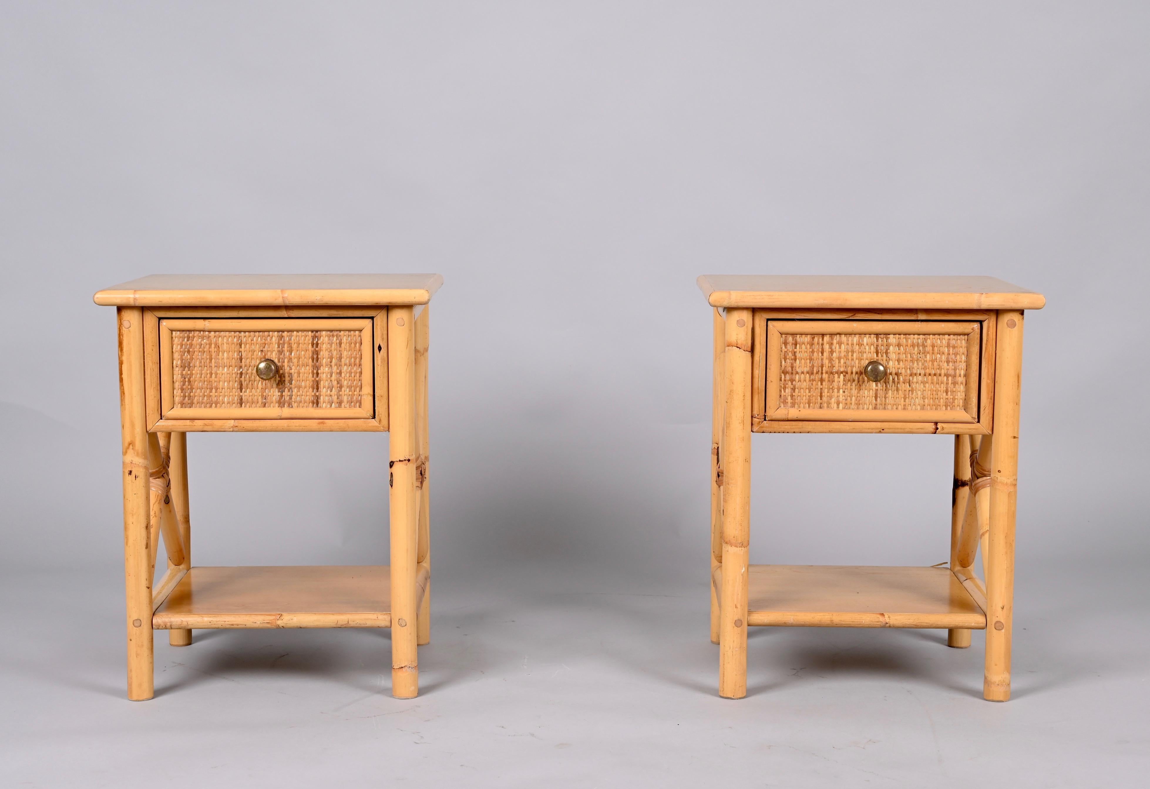 Pair of Mid-Century Modern Bamboo Rattan and Wood Italian Bedside Tables, 1980s 7