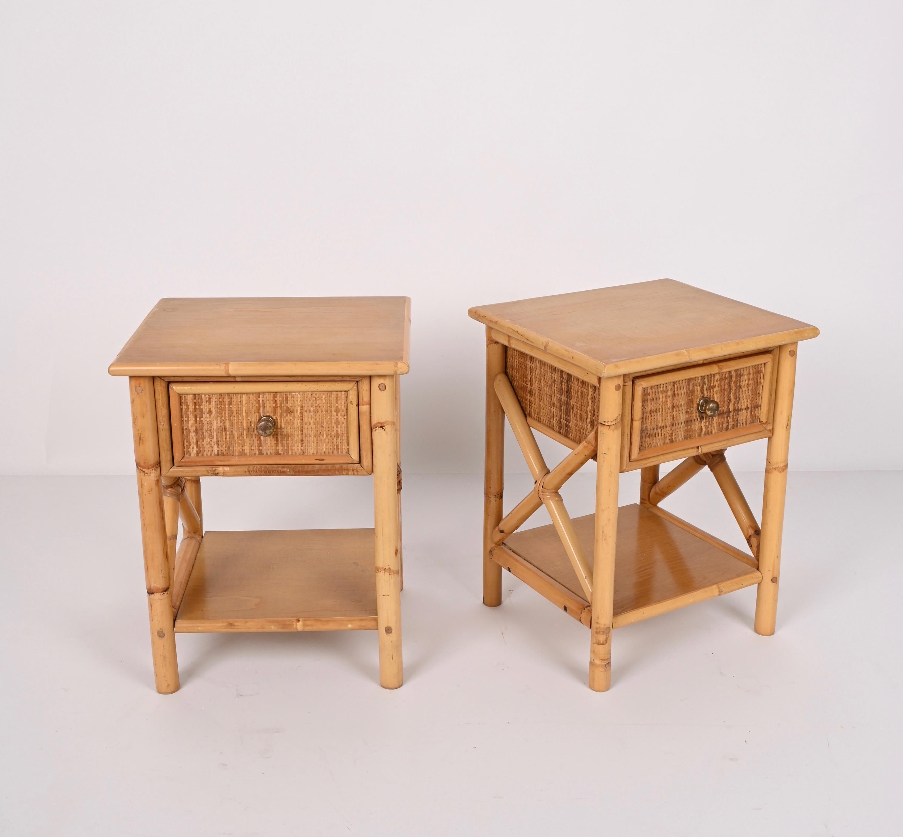 Pair of Mid-Century Modern Bamboo Rattan and Wood Italian Bedside Tables, 1980s 7