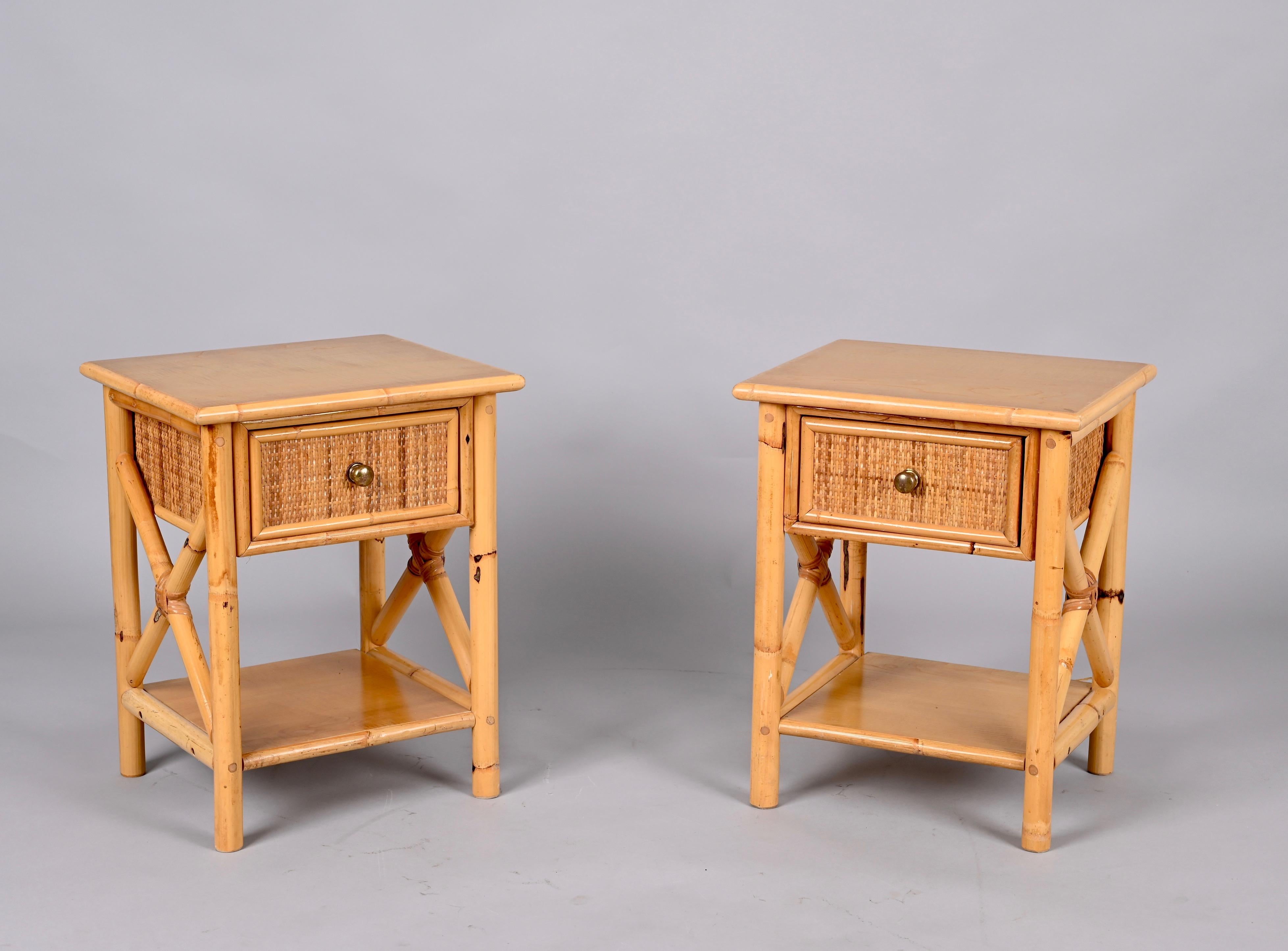 Pair of Mid-Century Modern Bamboo Rattan and Wood Italian Bedside Tables, 1980s 8