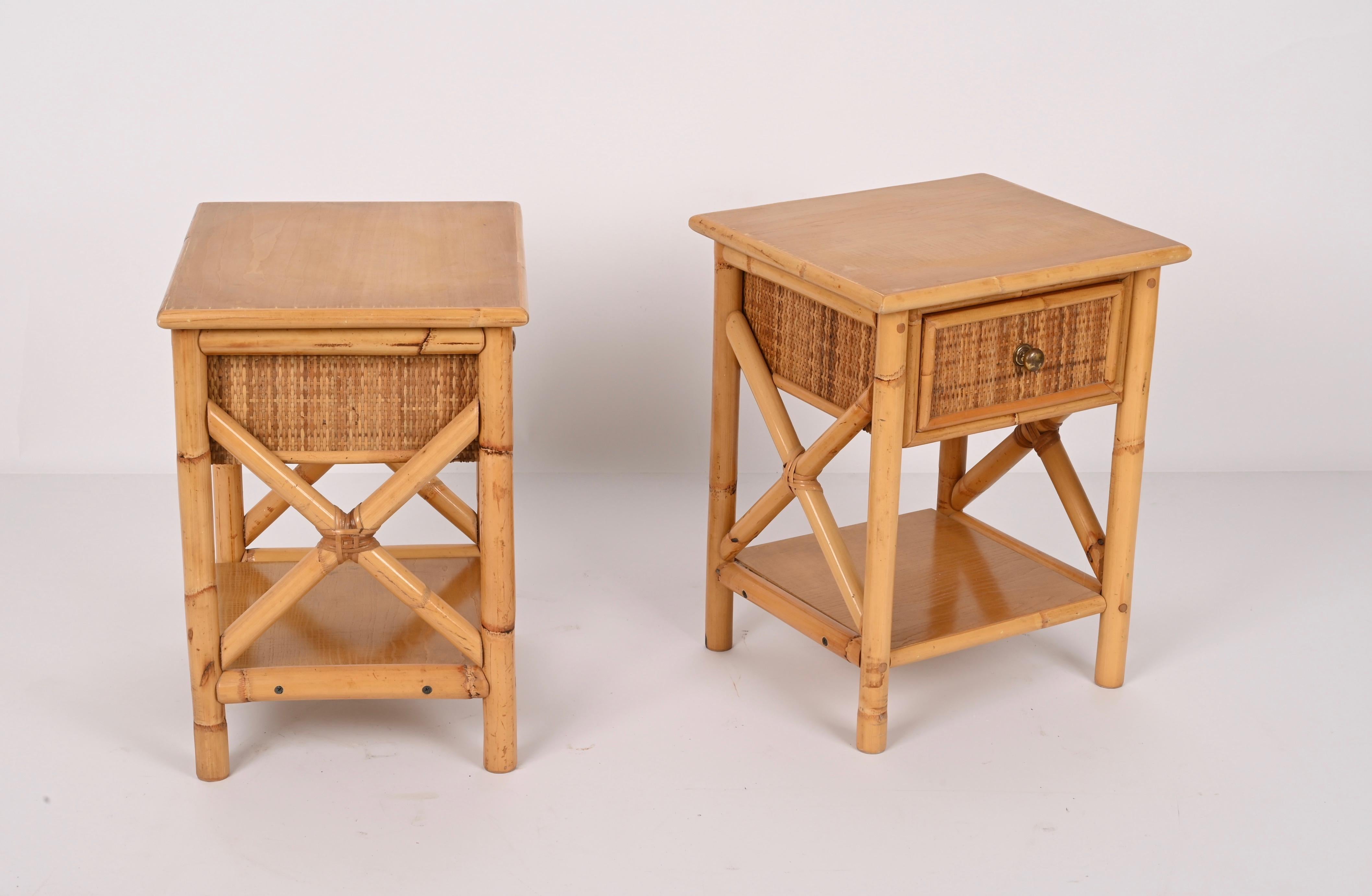 Pair of Mid-Century Modern Bamboo Rattan and Wood Italian Bedside Tables, 1980s 8