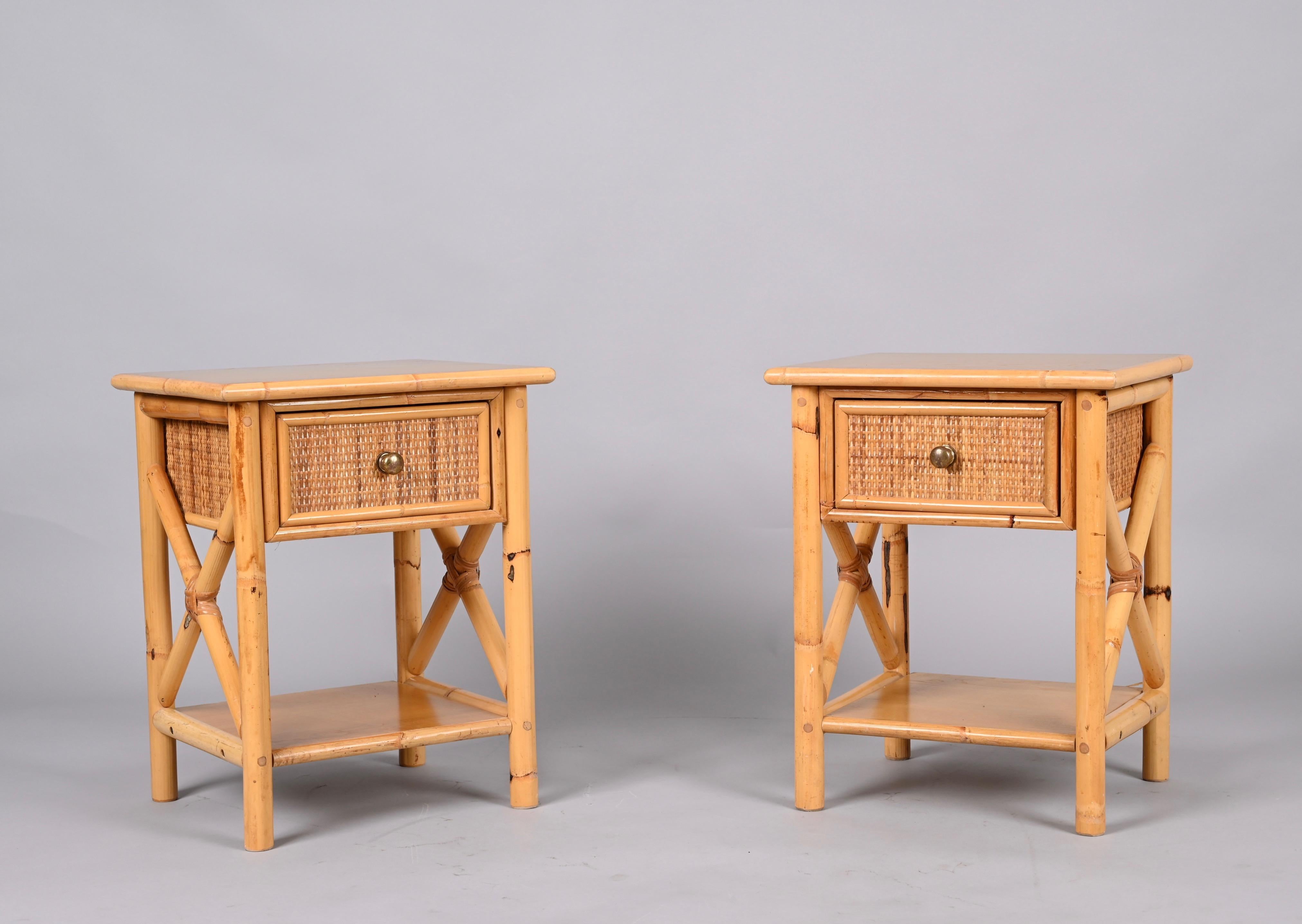 Pair of Mid-Century Modern Bamboo Rattan and Wood Italian Bedside Tables, 1980s 9