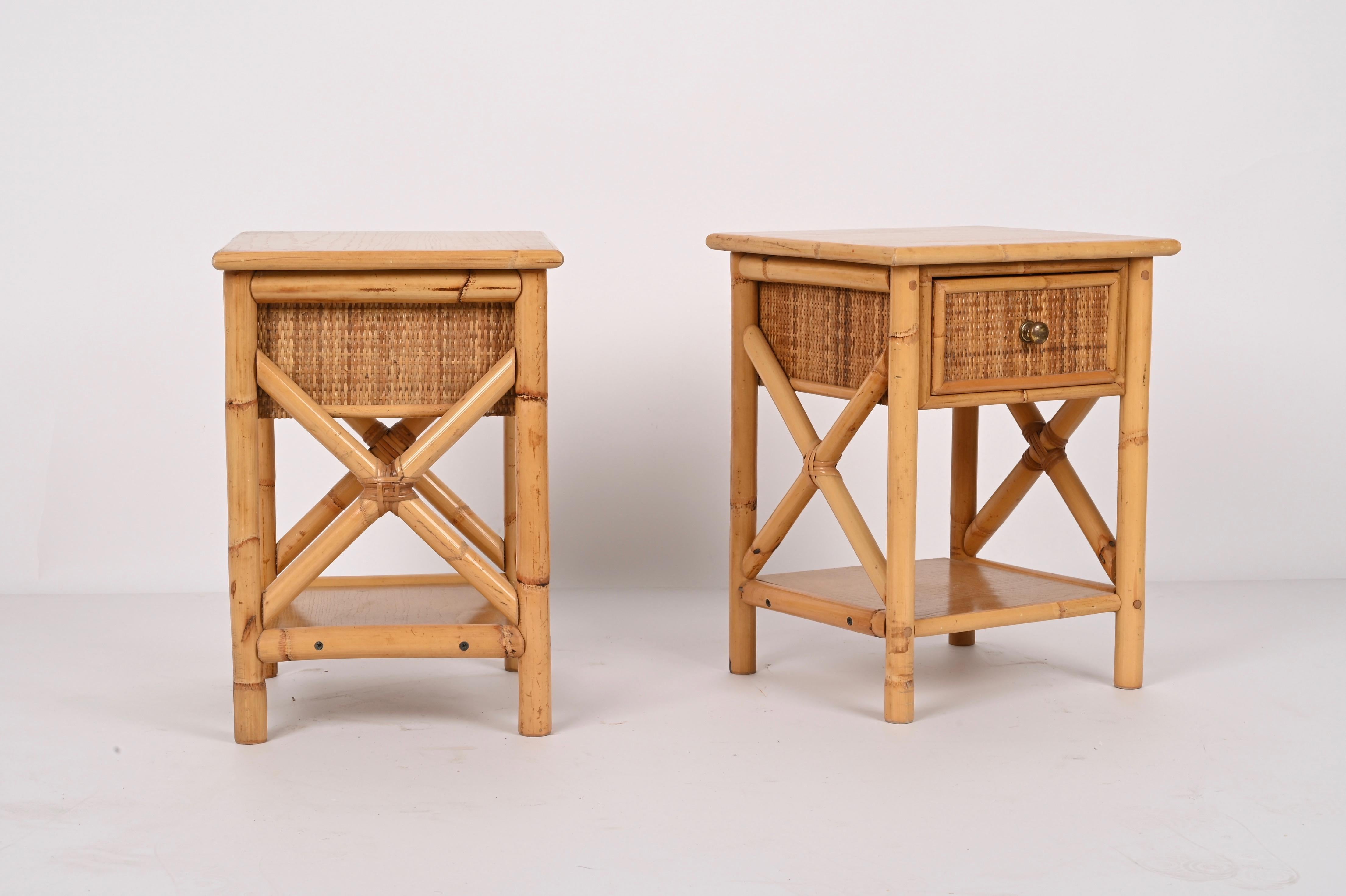 Pair of Mid-Century Modern Bamboo Rattan and Wood Italian Bedside Tables, 1980s 9