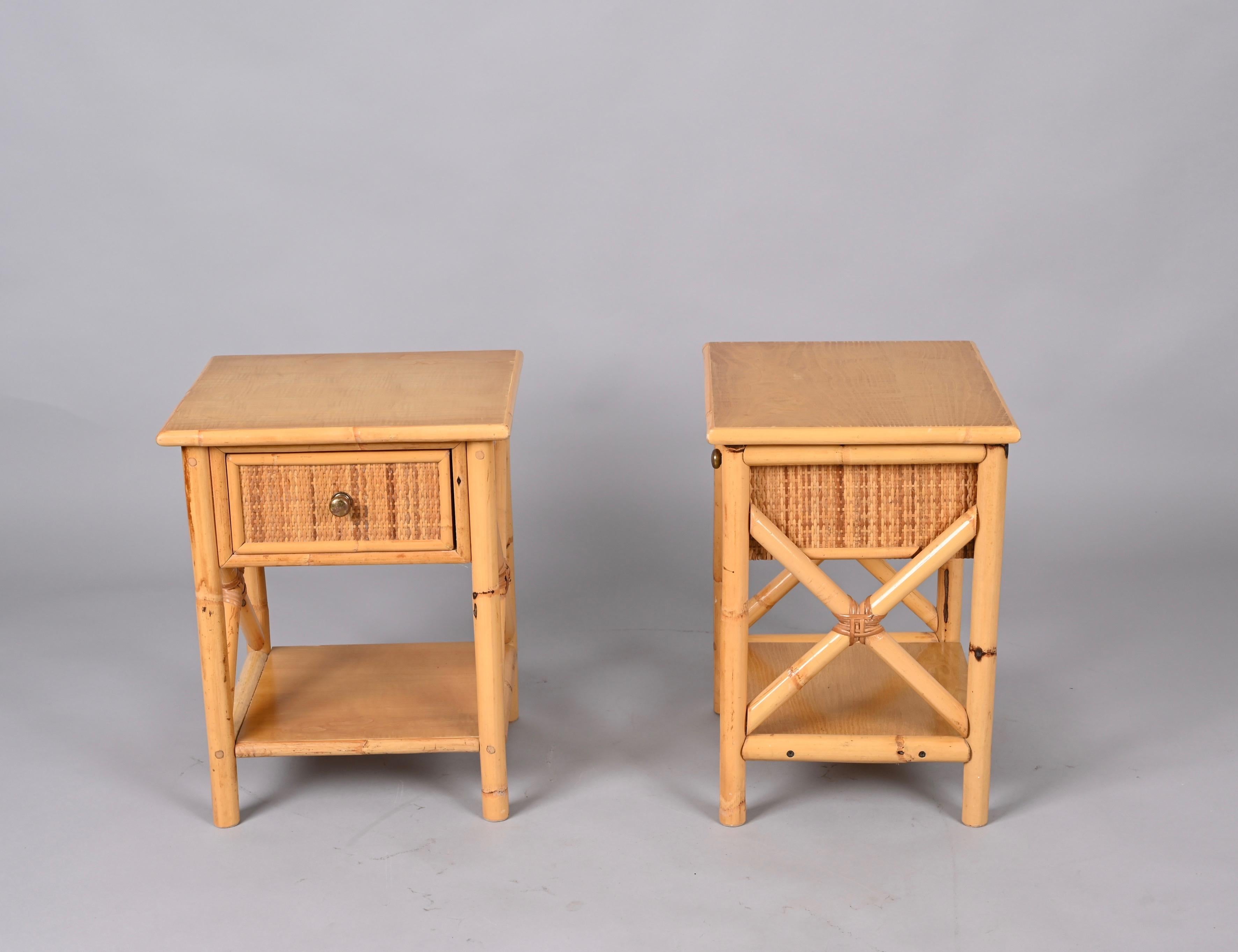 Pair of Mid-Century Modern Bamboo Rattan and Wood Italian Bedside Tables, 1980s 10