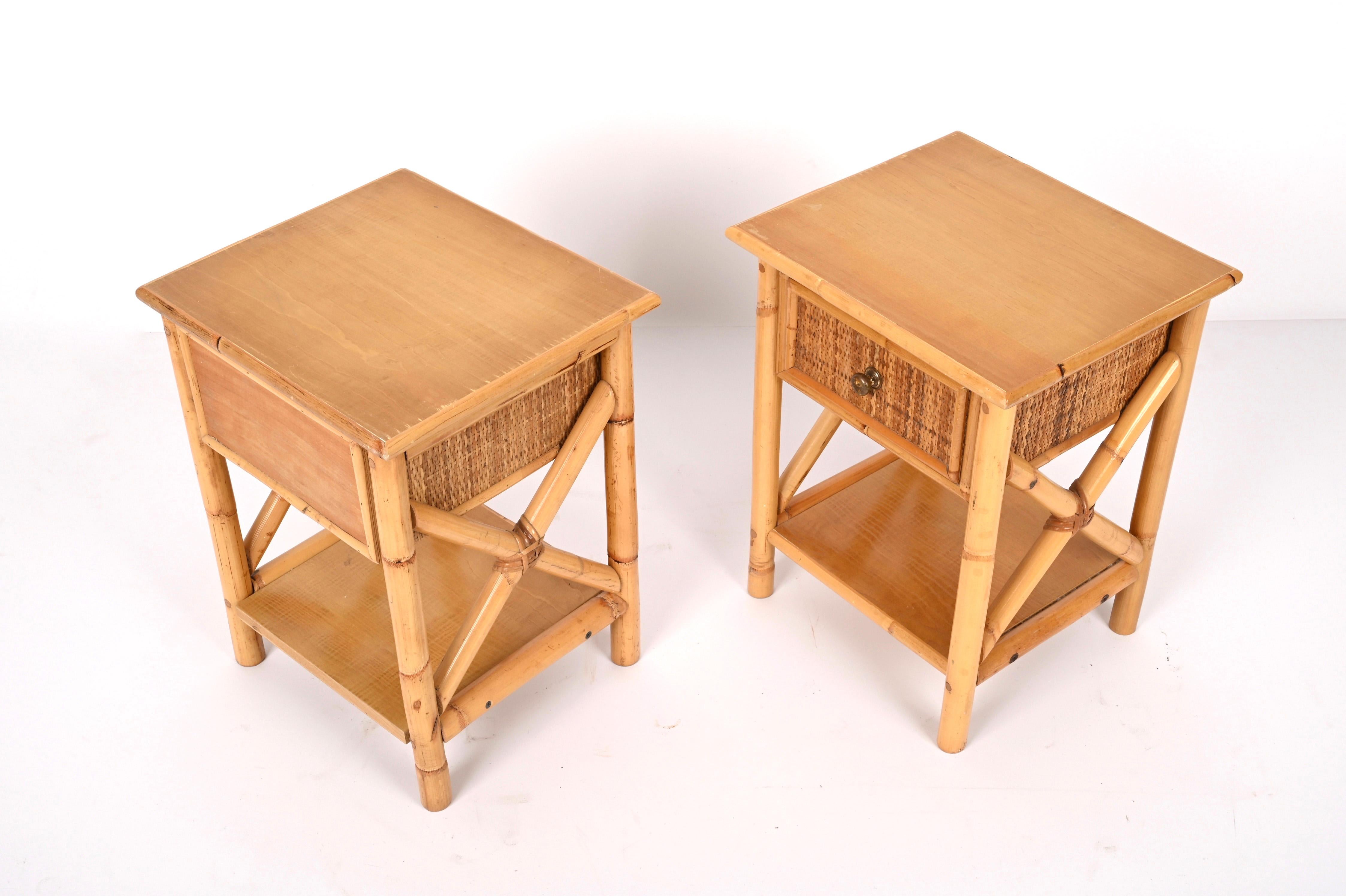 Pair of Mid-Century Modern Bamboo Rattan and Wood Italian Bedside Tables, 1980s 10