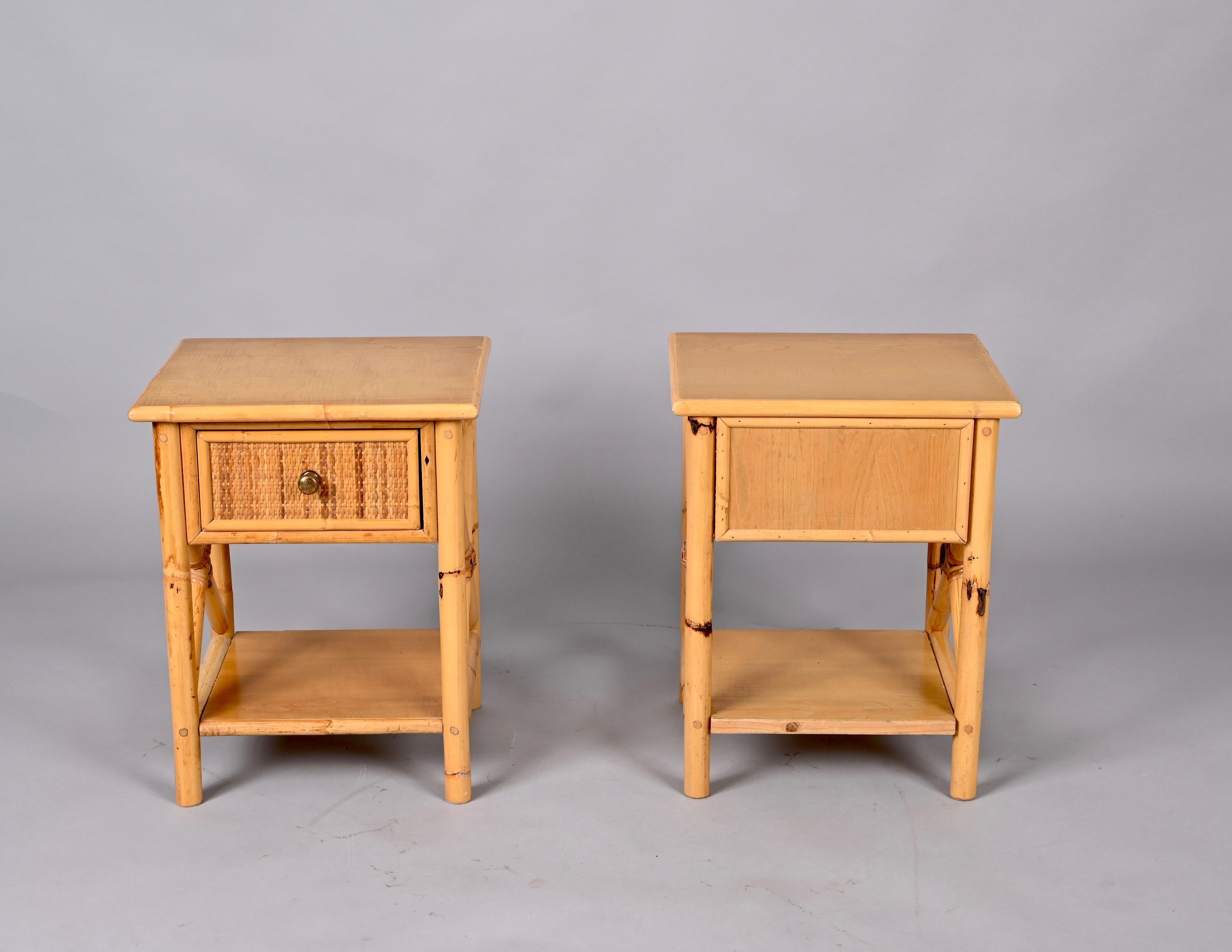 Pair of Mid-Century Modern Bamboo Rattan and Wood Italian Bedside Tables, 1980s 11