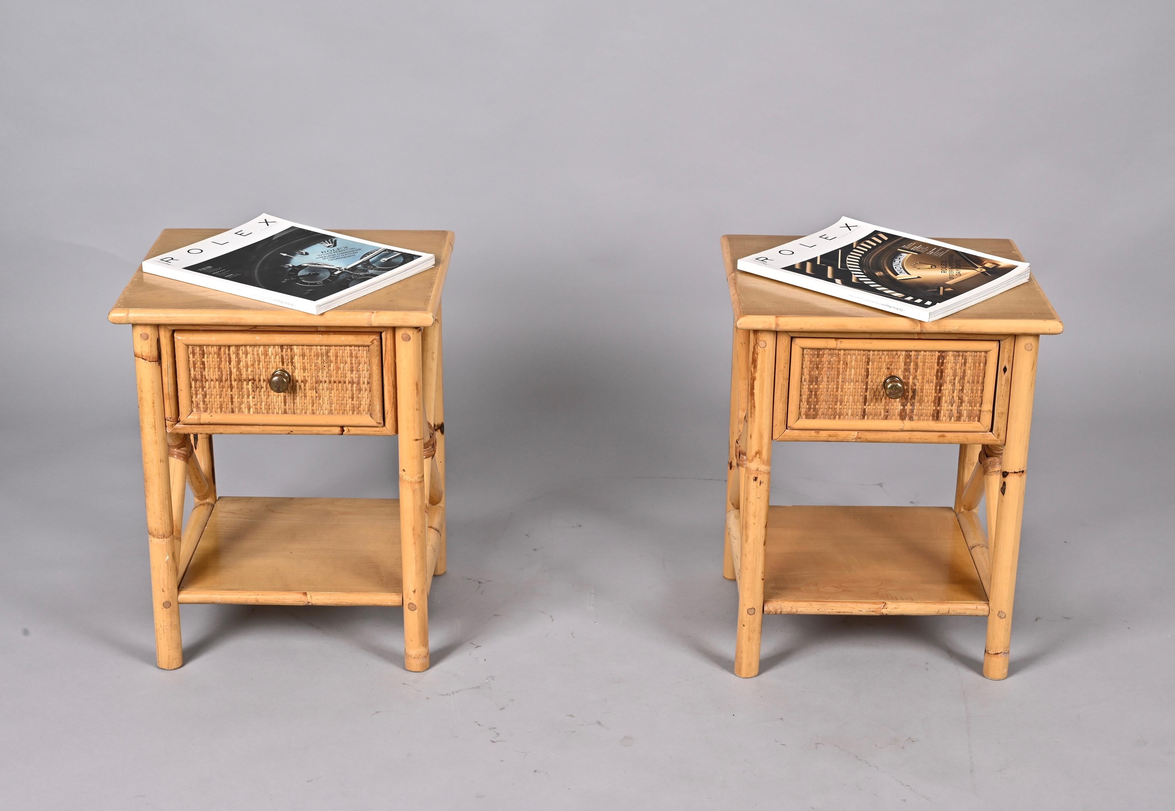 Pair of Mid-Century Modern Bamboo Rattan and Wood Italian Bedside Tables, 1980s 15