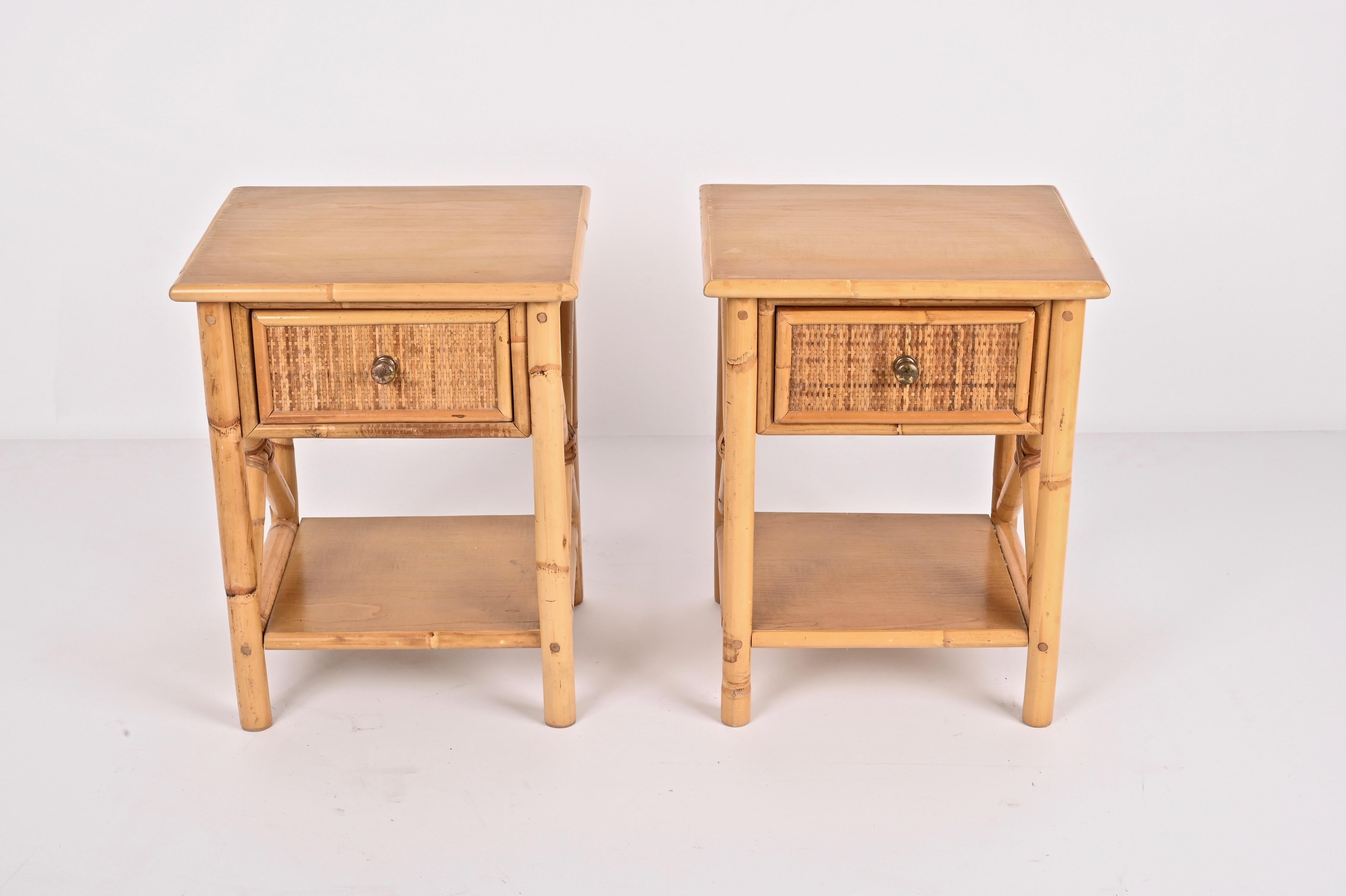 European Pair of Mid-Century Modern Bamboo Rattan and Wood Italian Bedside Tables, 1980s