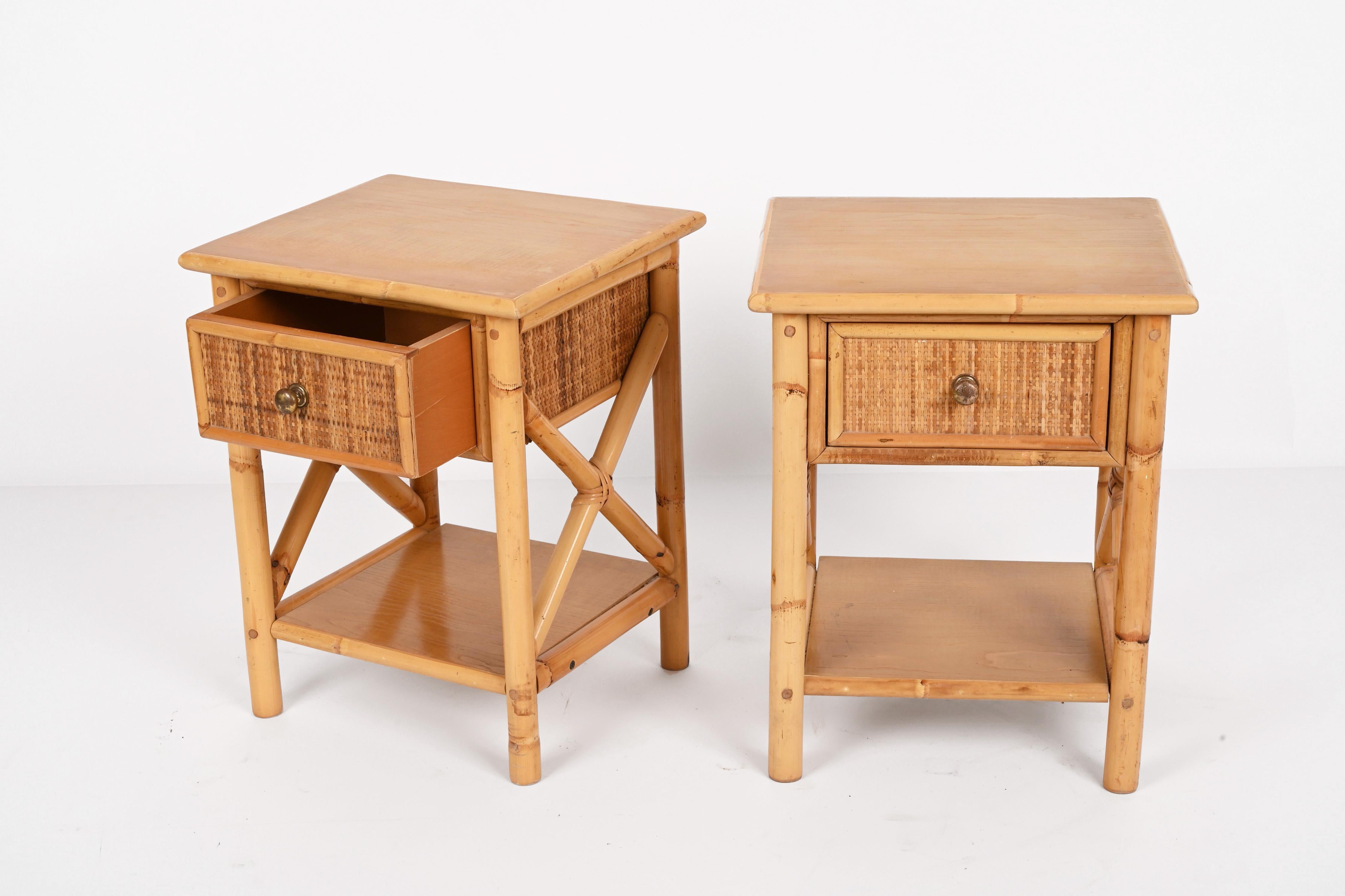 European Pair of Mid-Century Modern Bamboo Rattan and Wood Italian Bedside Tables, 1980s