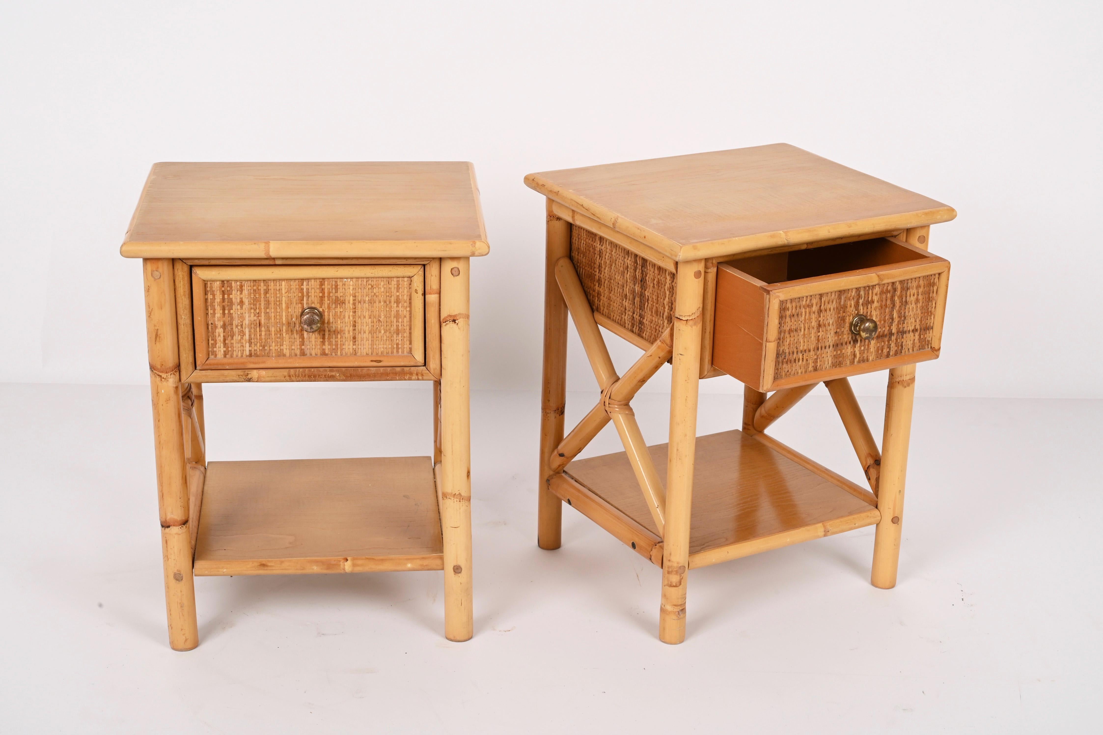 20th Century Pair of Mid-Century Modern Bamboo Rattan and Wood Italian Bedside Tables, 1980s
