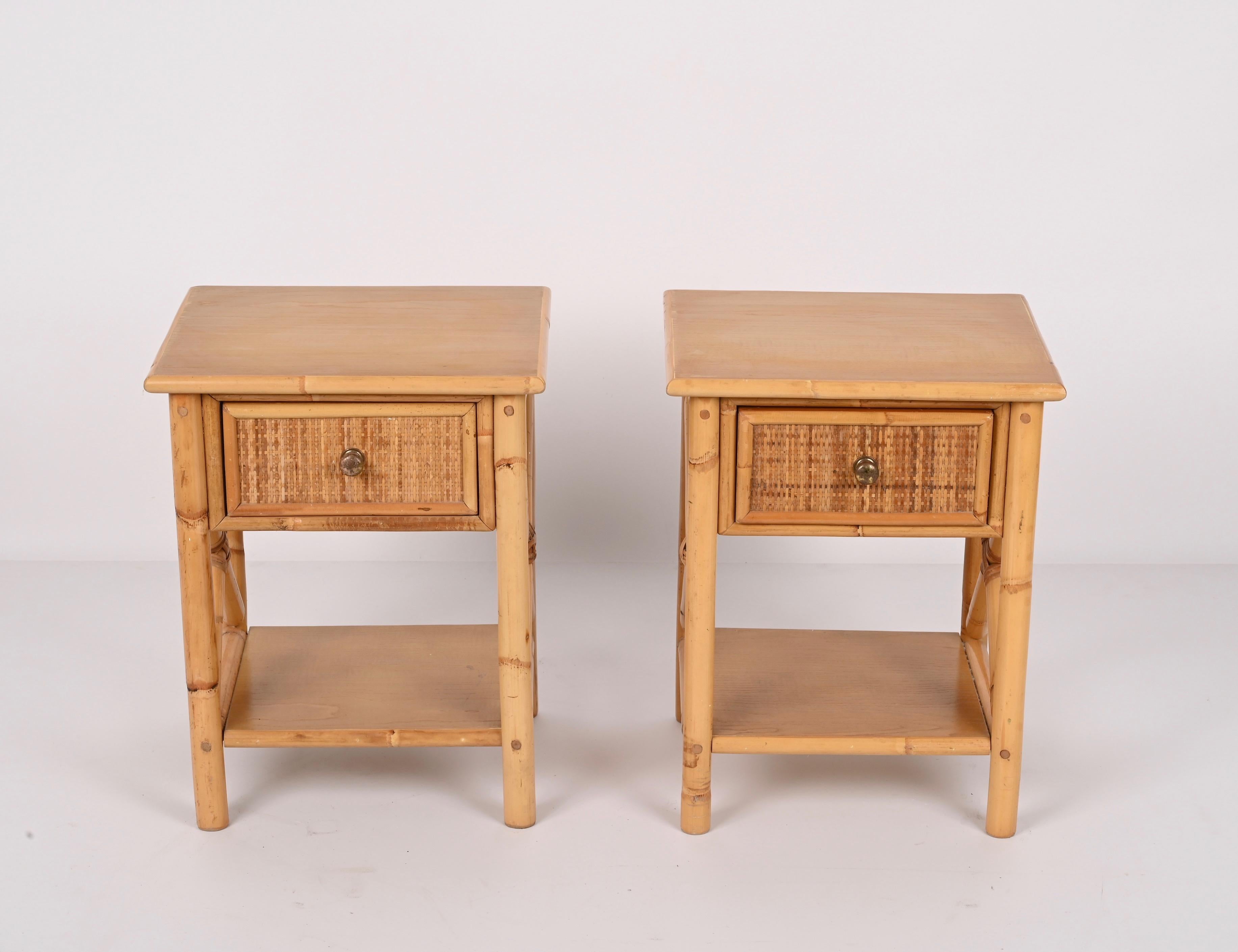 Wicker Pair of Mid-Century Modern Bamboo Rattan and Wood Italian Bedside Tables, 1980s