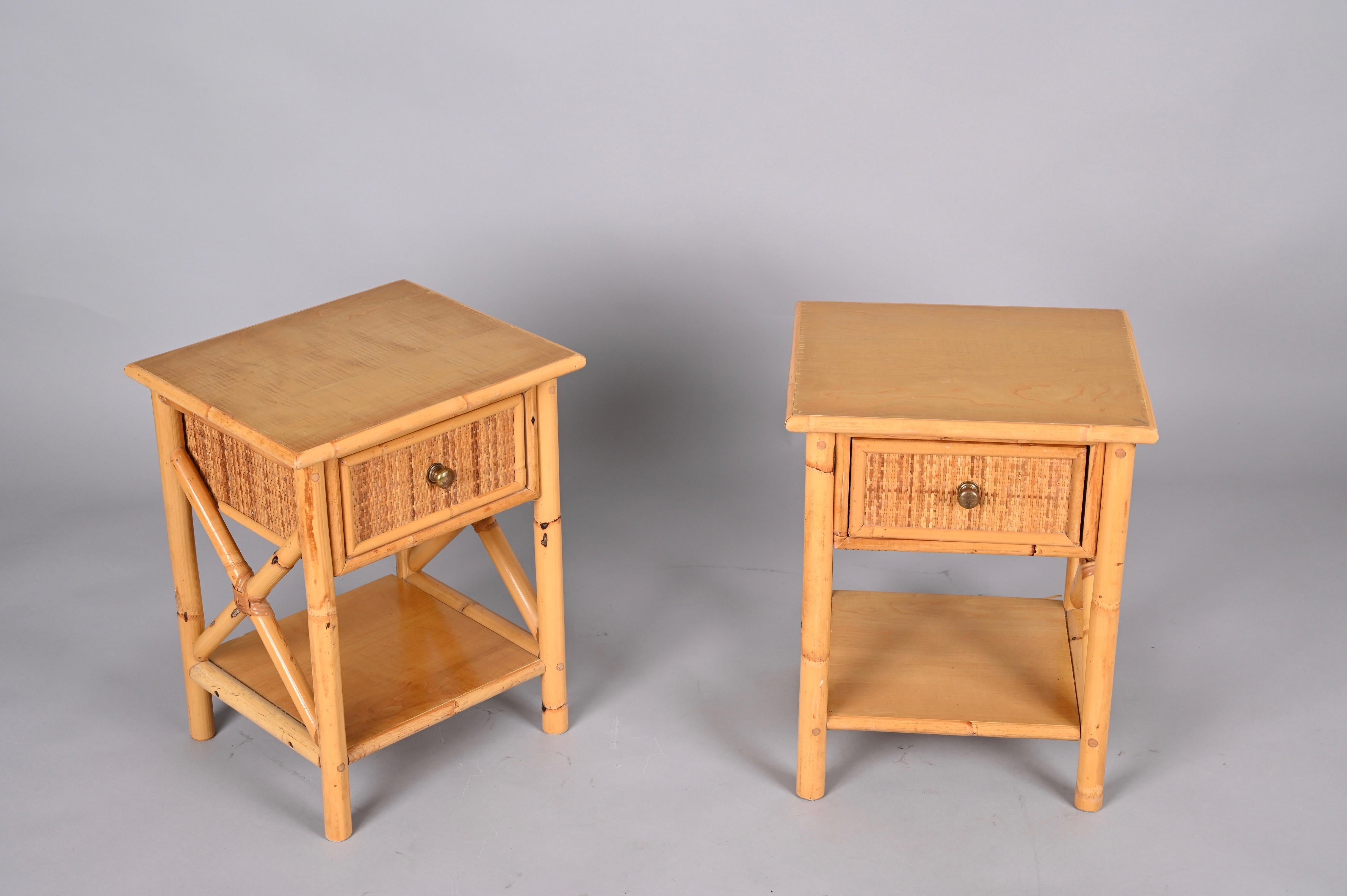 Pair of Mid-Century Modern Bamboo Rattan and Wood Italian Bedside Tables, 1980s 1