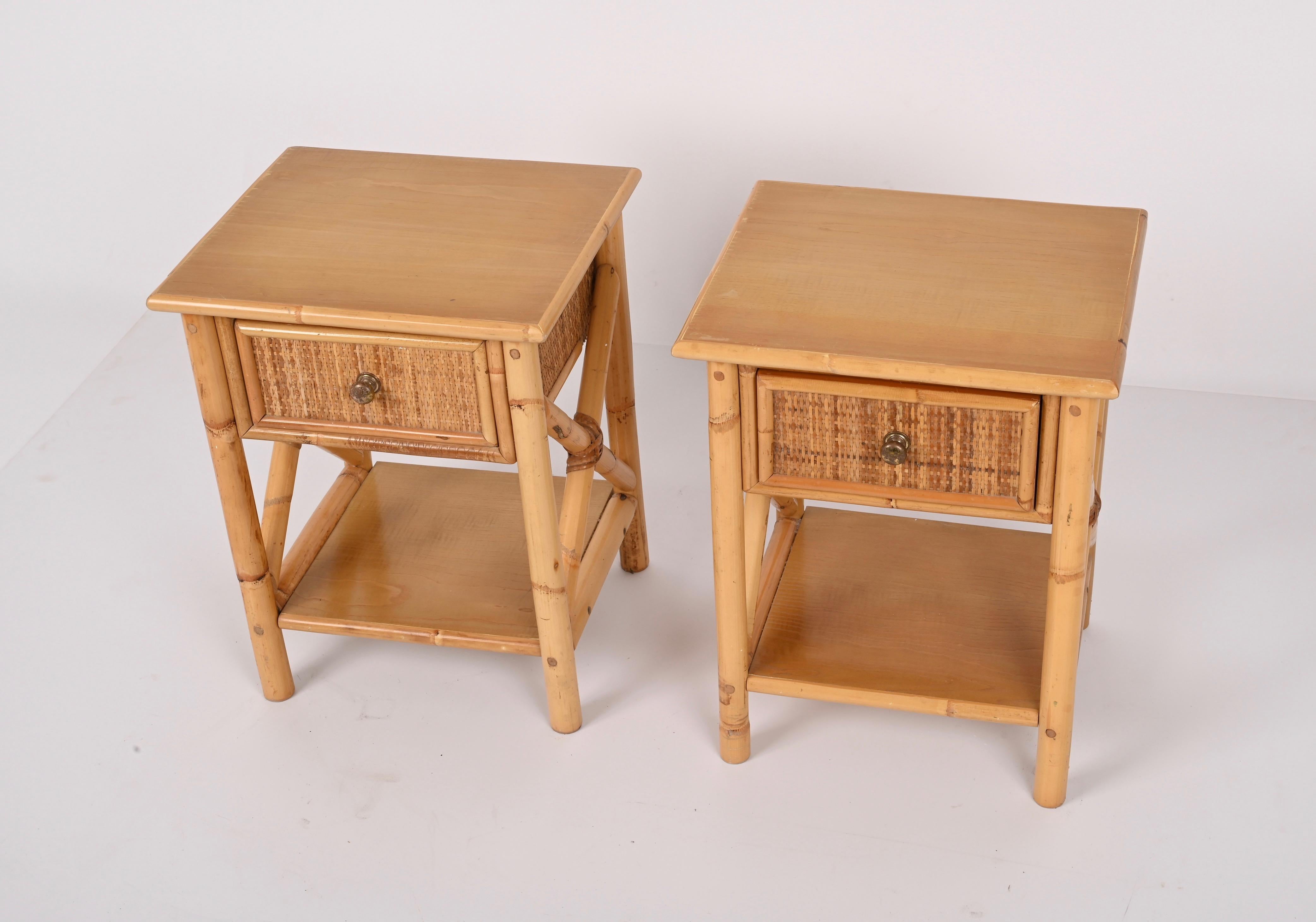 Pair of Mid-Century Modern Bamboo Rattan and Wood Italian Bedside Tables, 1980s 1