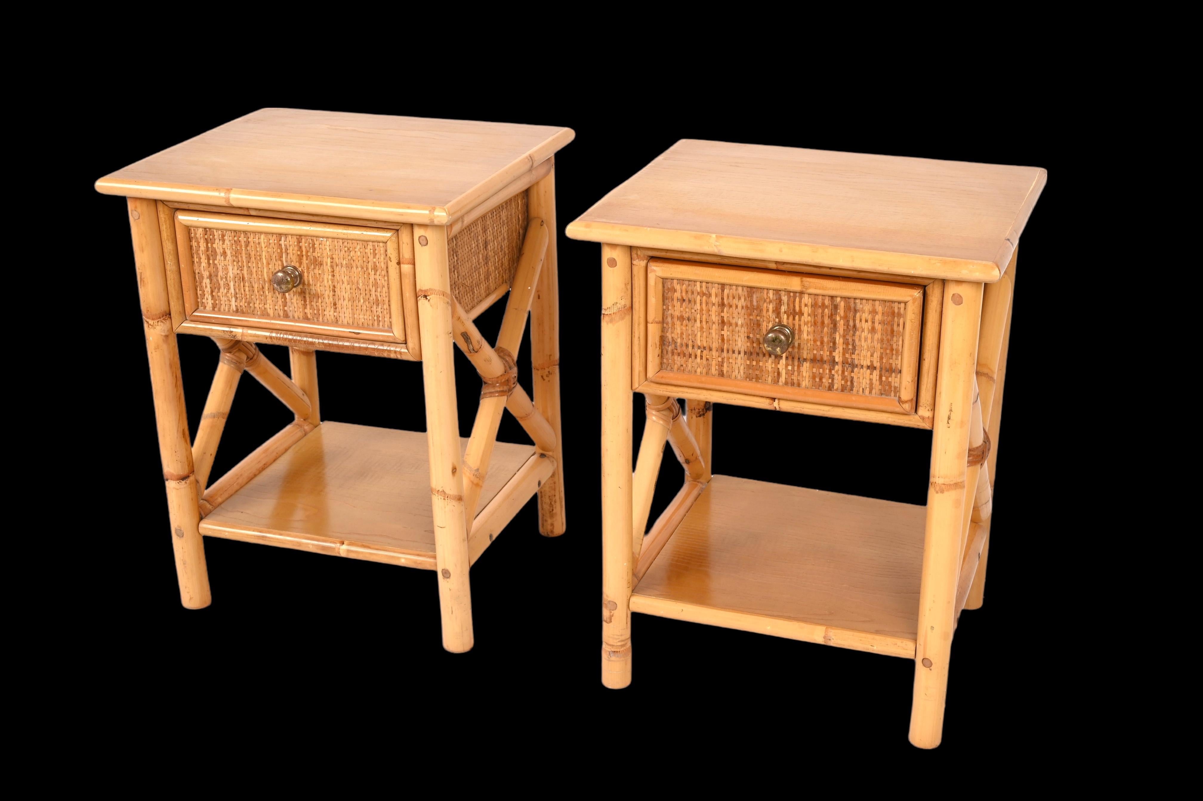 Pair of Mid-Century Modern Bamboo Rattan and Wood Italian Bedside Tables, 1980s 2