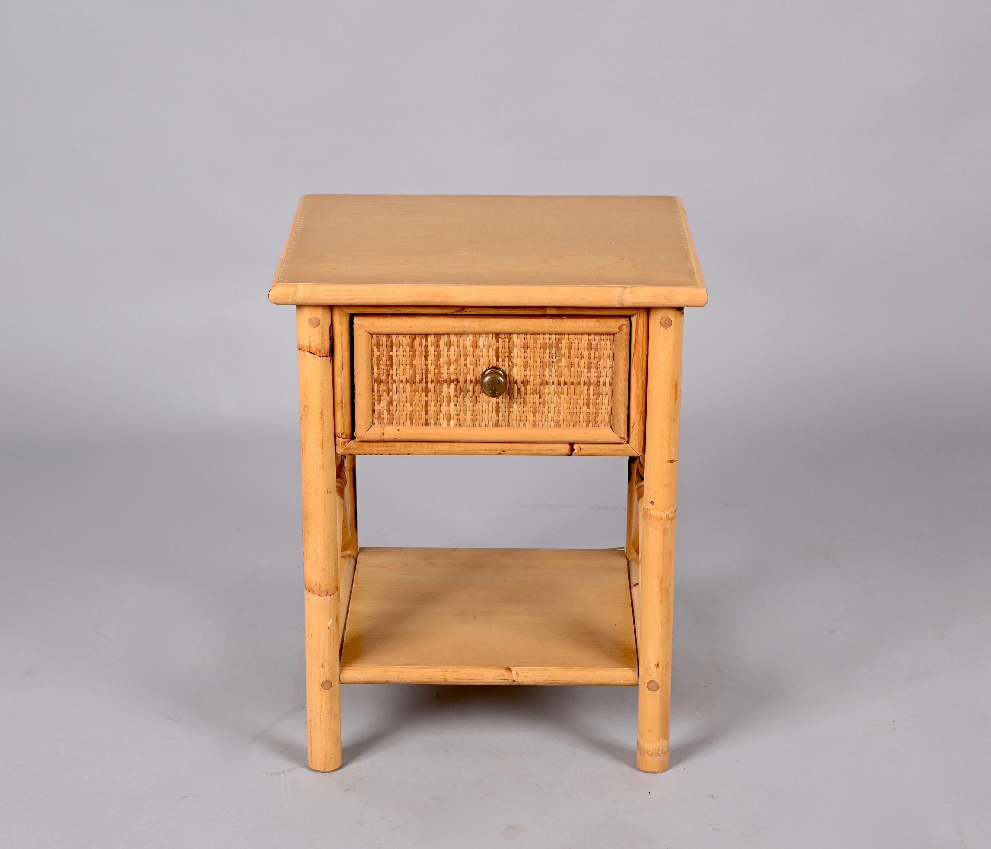 Pair of Mid-Century Modern Bamboo Rattan and Wood Italian Bedside Tables, 1980s 3