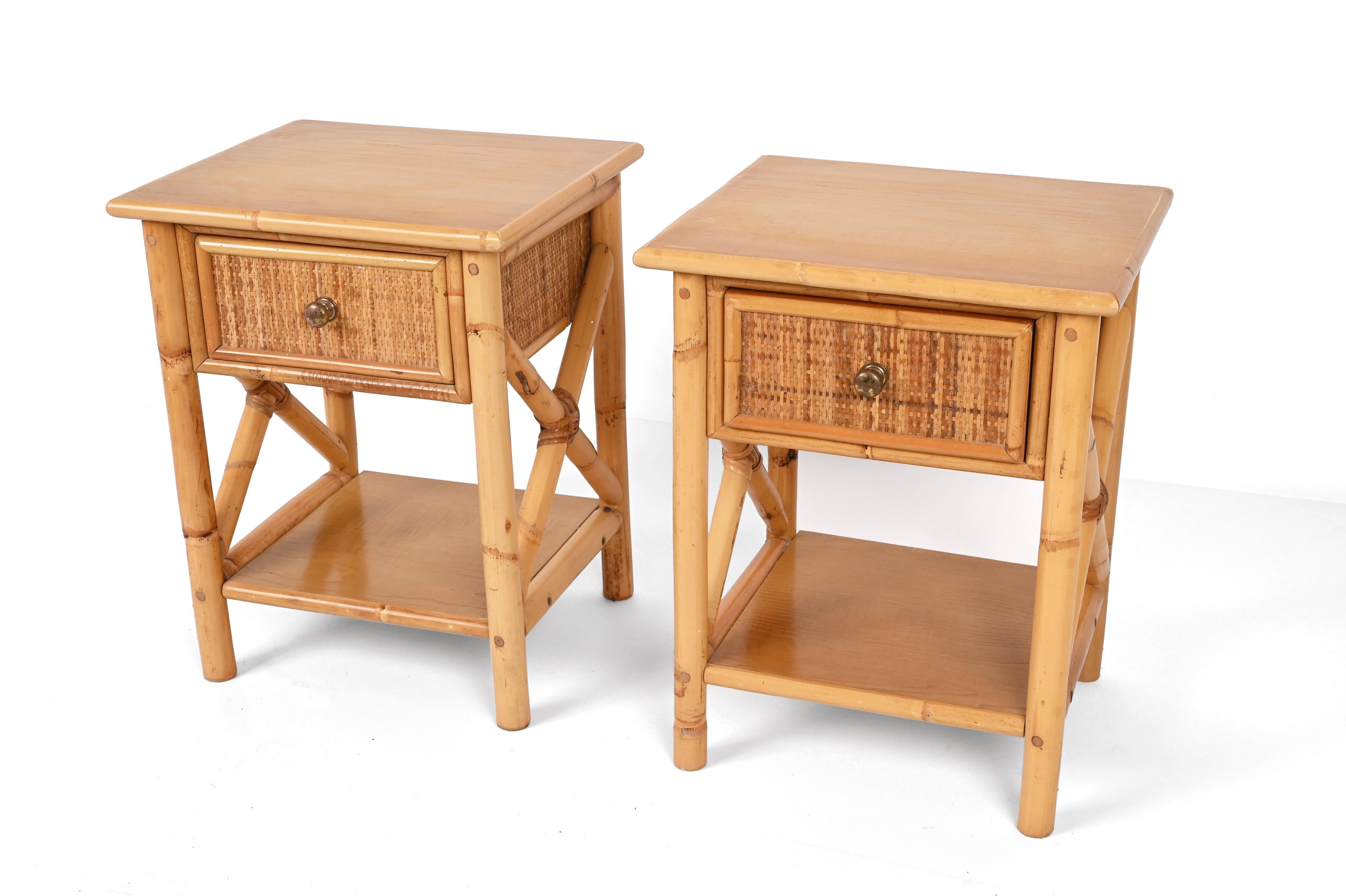 Pair of Mid-Century Modern Bamboo Rattan and Wood Italian Bedside Tables, 1980s 3