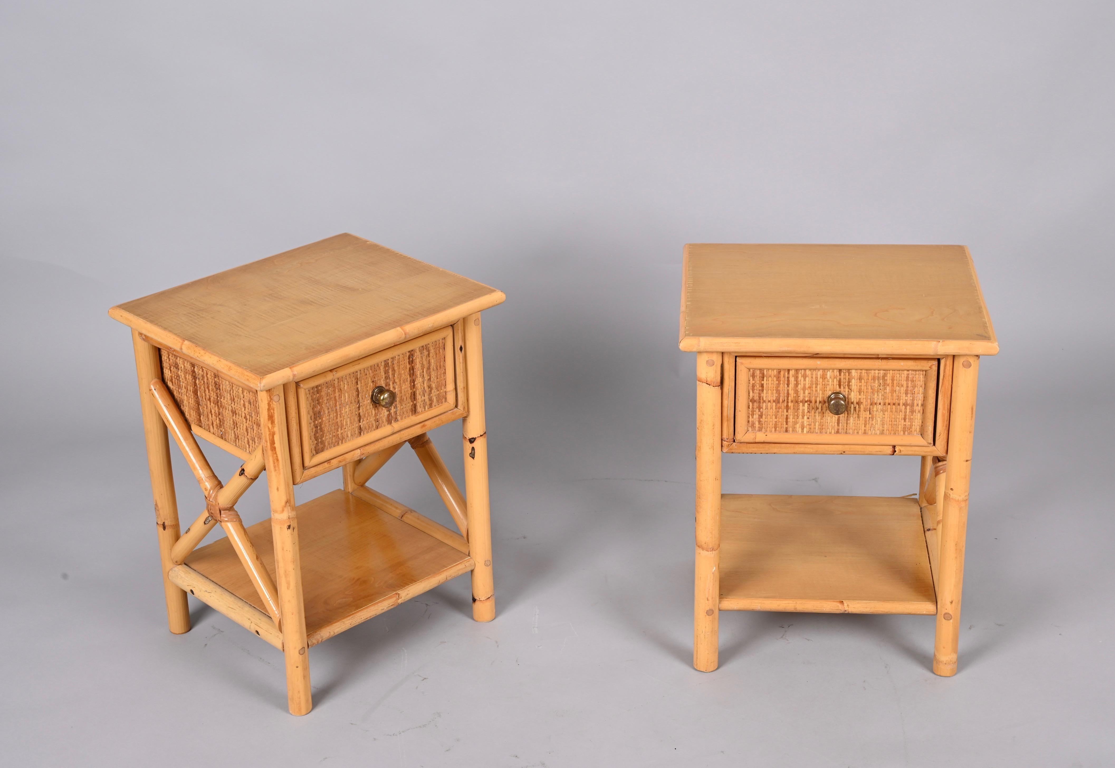 Pair of Mid-Century Modern Bamboo Rattan and Wood Italian Bedside Tables, 1980s 4
