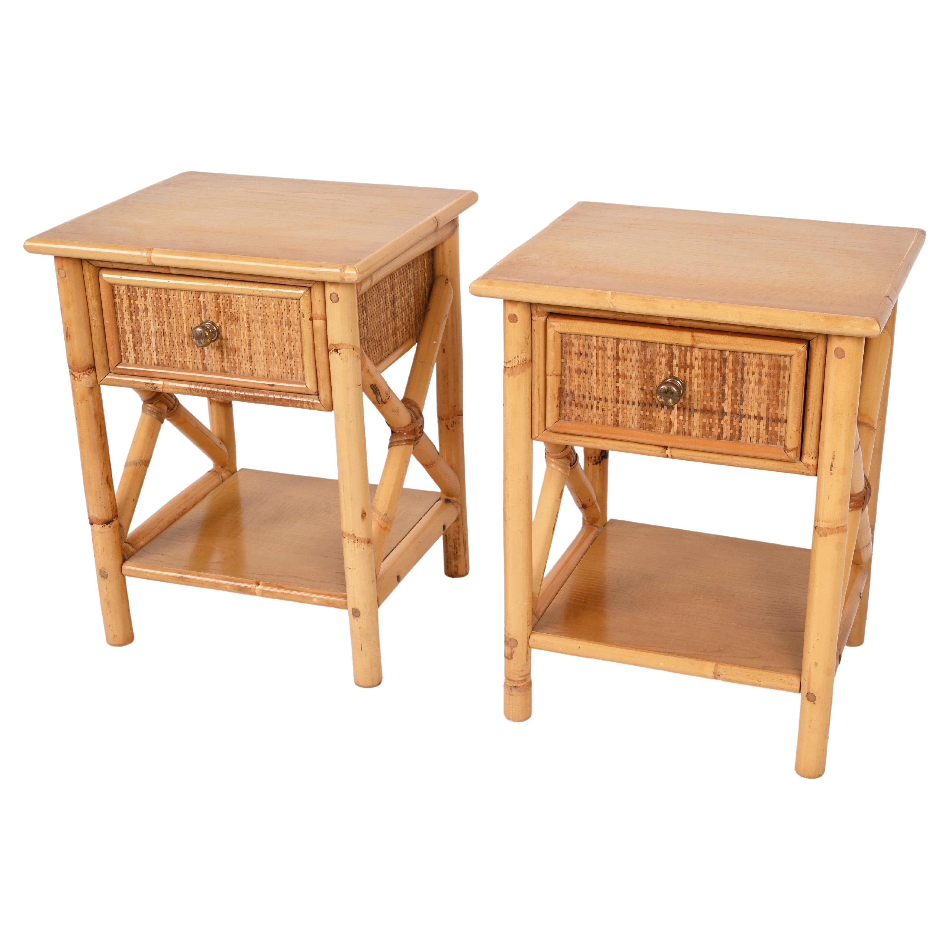 Pair of Mid-Century Modern Bamboo Rattan and Wood Italian Bedside Tables, 1980s