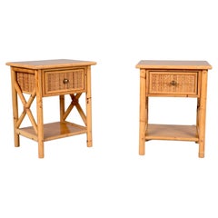 Pair of Mid-Century Modern Bamboo Rattan and Wood Italian Bedside Tables, 1980s