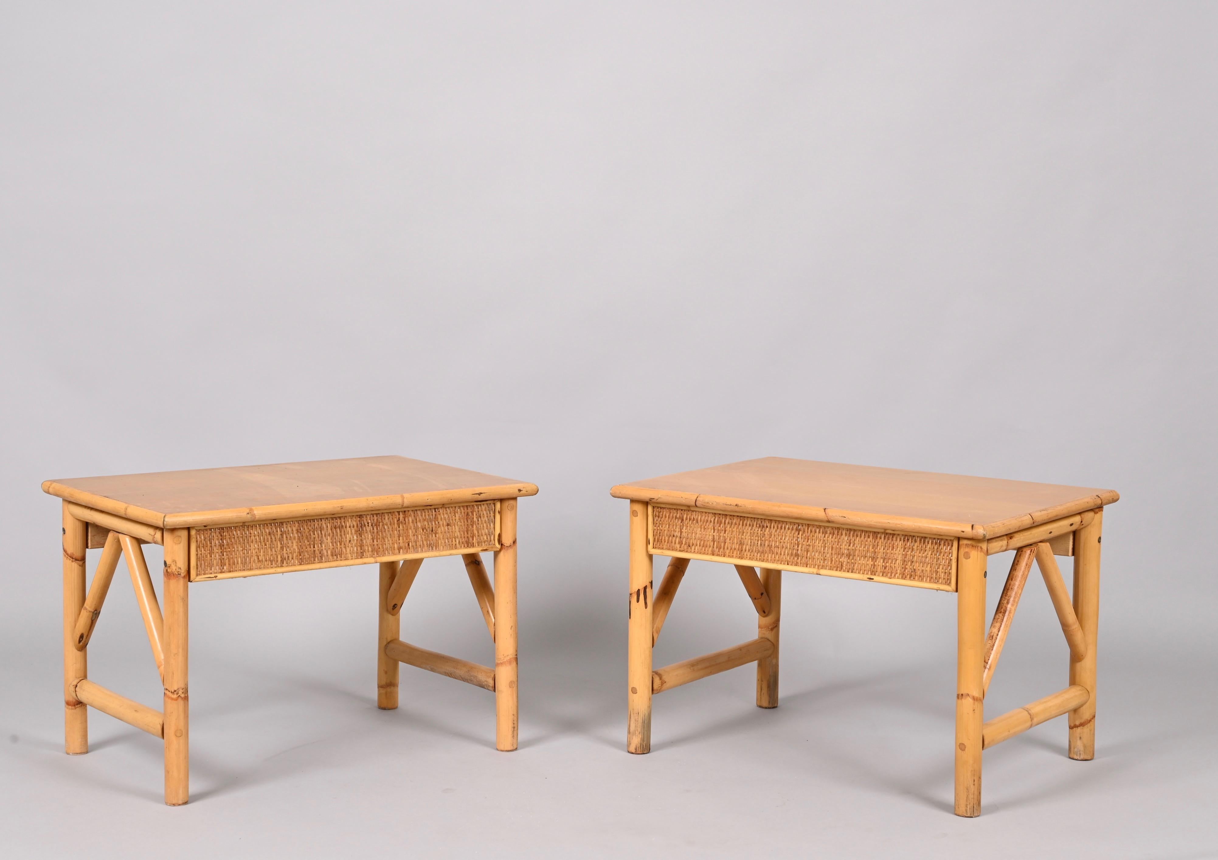 Pair of French Riviera Nightstands Tables in Rattan, Bamboo and Wood, Italy 1970 5