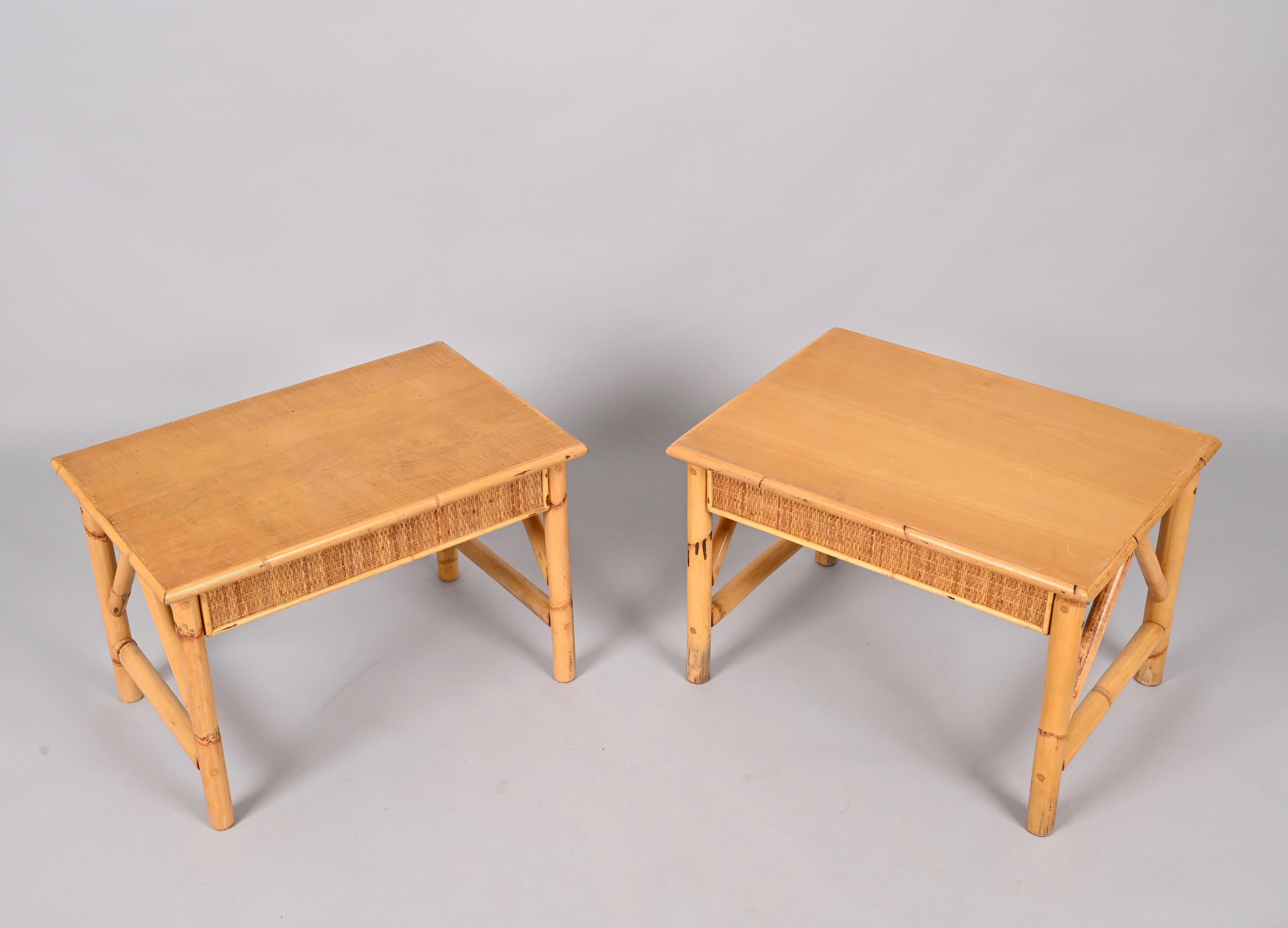 Pair of French Riviera Nightstands Tables in Rattan, Bamboo and Wood, Italy 1970 6