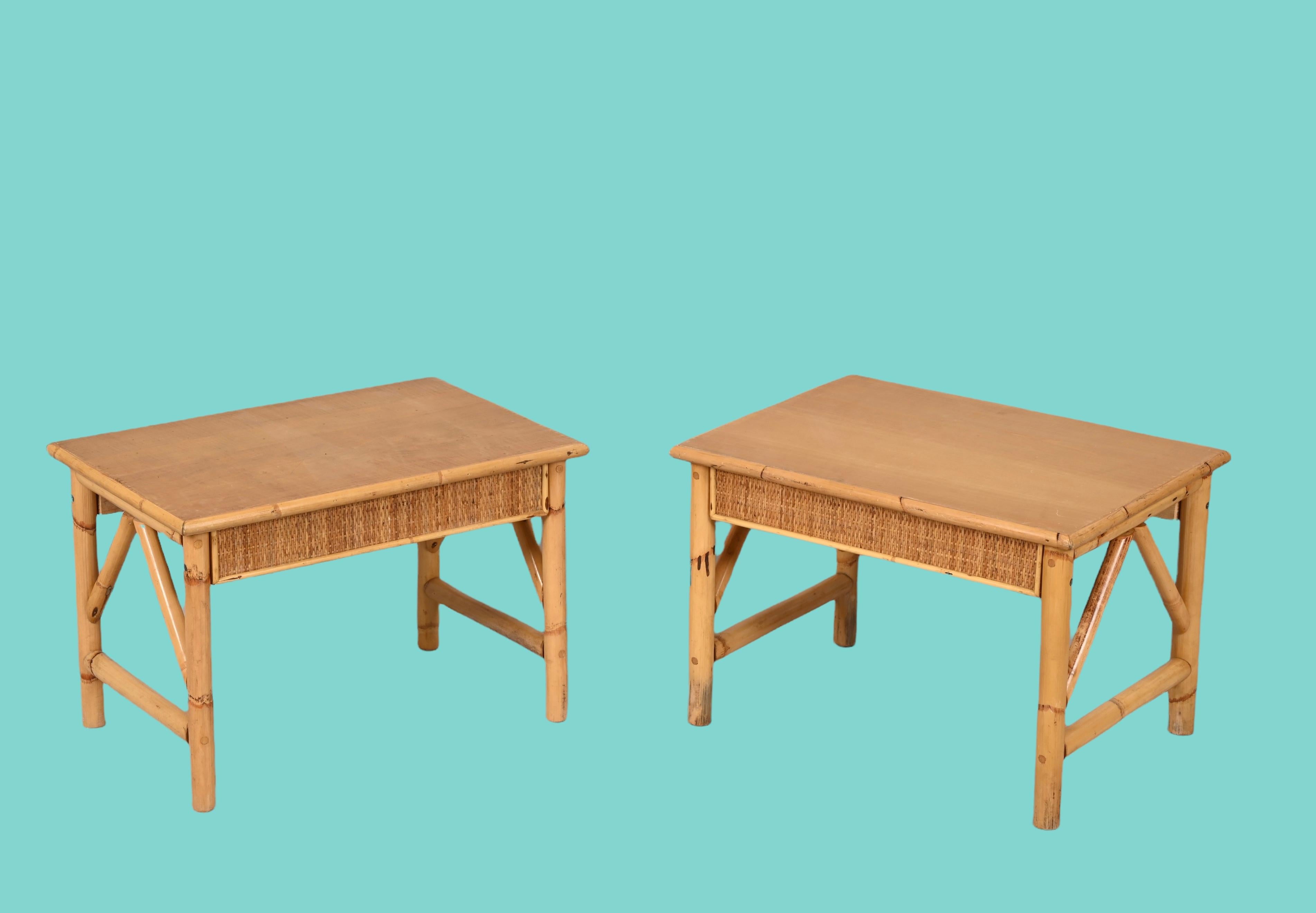 Mid-Century Modern Pair of French Riviera Nightstands Tables in Rattan, Bamboo and Wood, Italy 1970