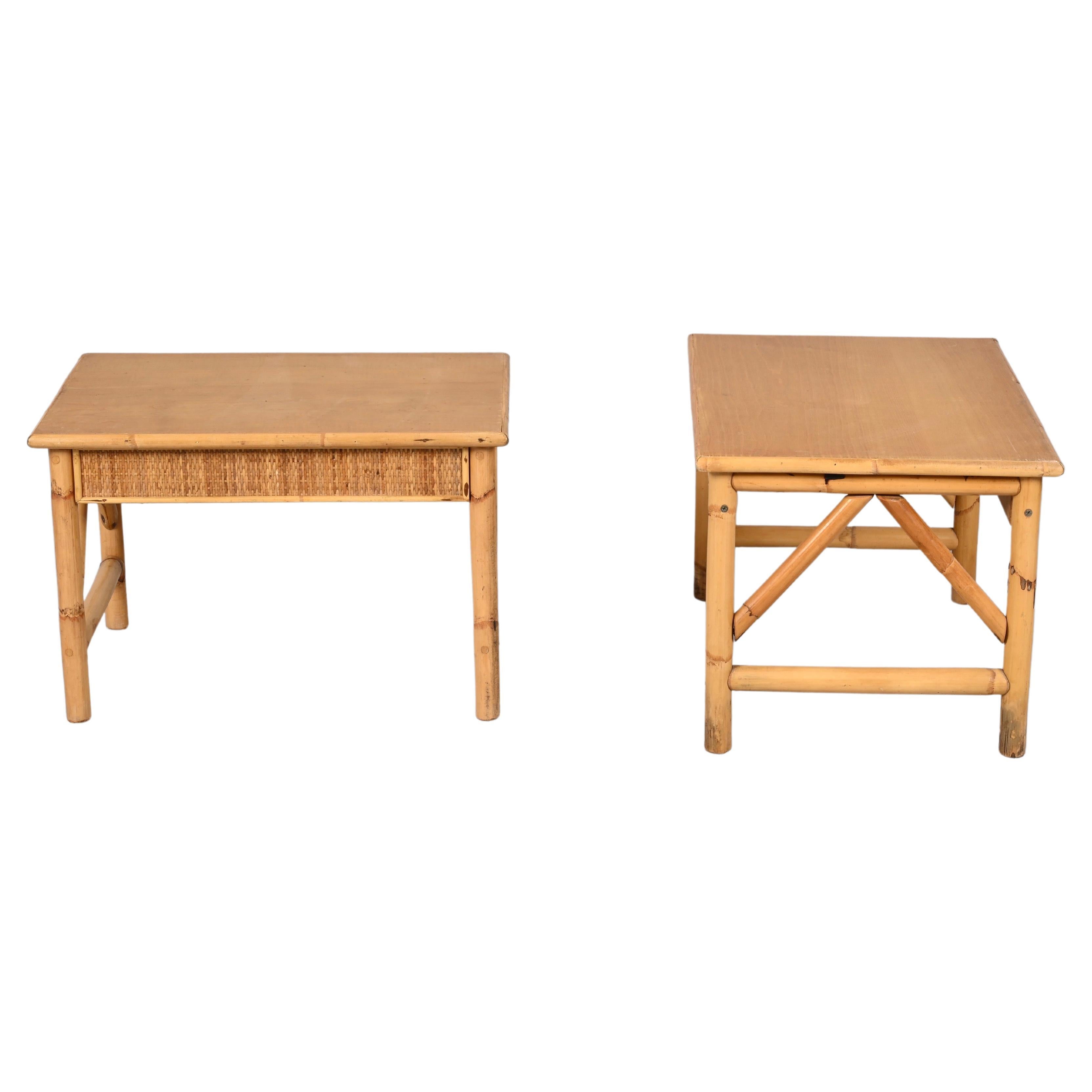 Pair of French Riviera Nightstands Tables in Rattan, Bamboo and Wood, Italy 1970 In Good Condition In Roma, IT