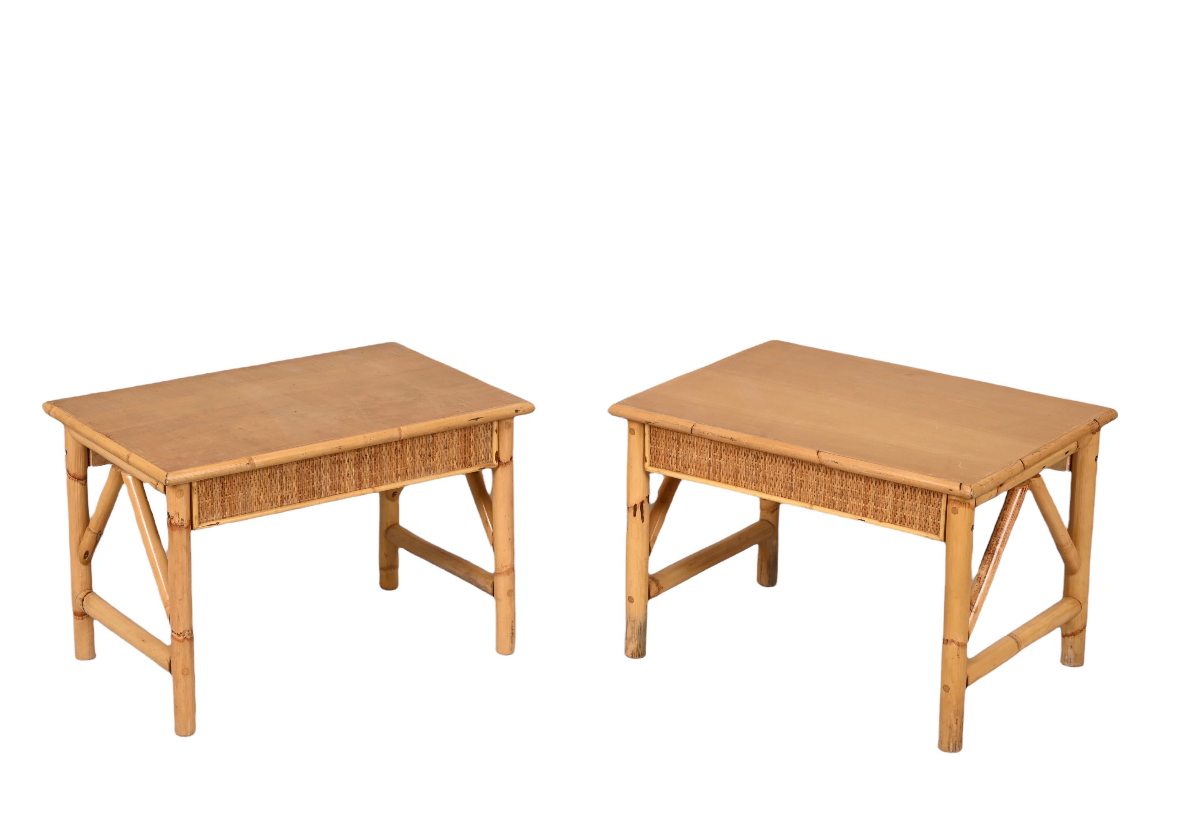 20th Century Pair of French Riviera Nightstands Tables in Rattan, Bamboo and Wood, Italy 1970