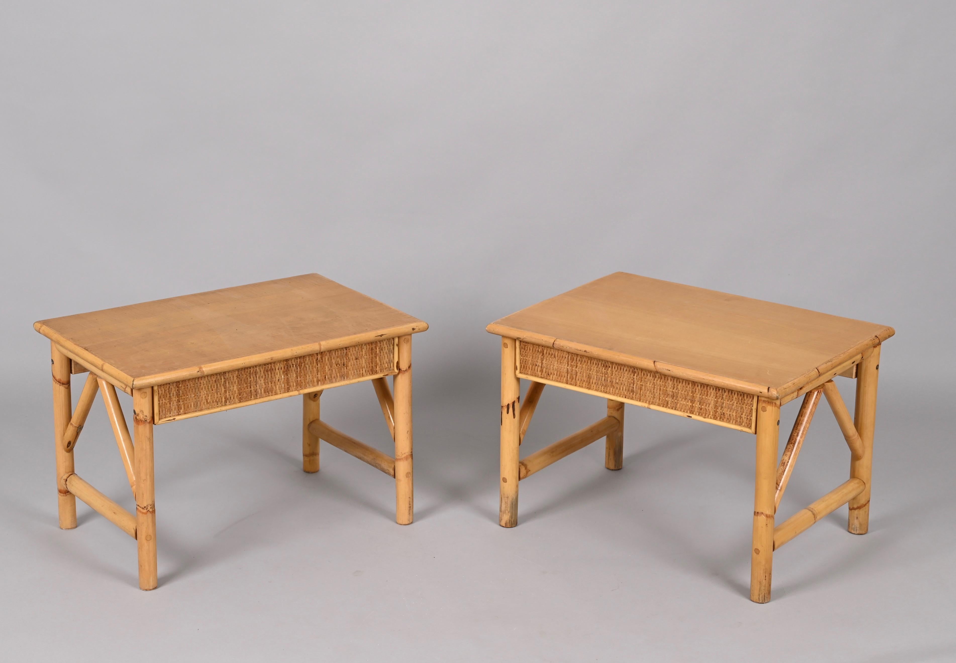 Pair of French Riviera Nightstands Tables in Rattan, Bamboo and Wood, Italy 1970 1
