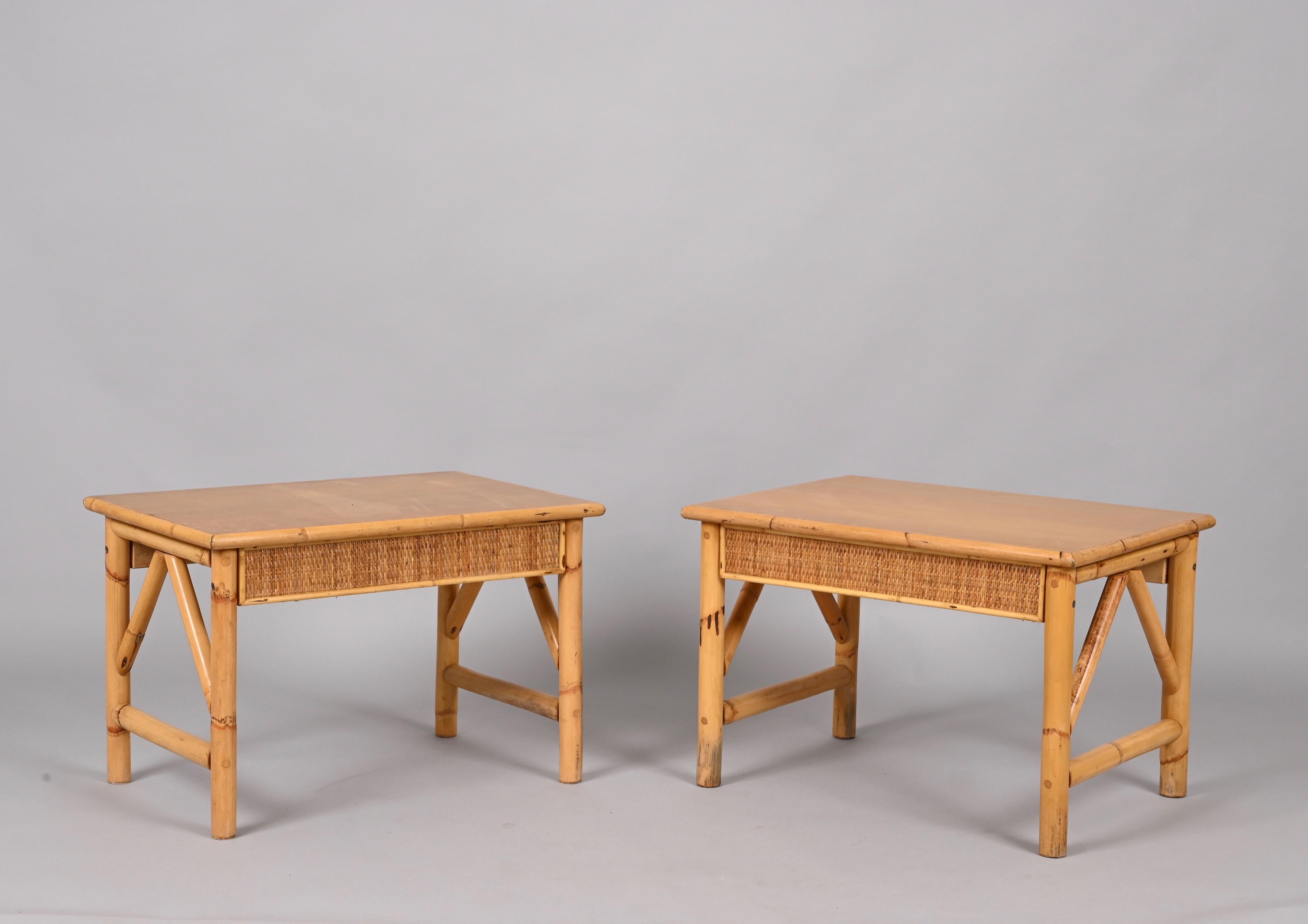 Pair of French Riviera Nightstands Tables in Rattan, Bamboo and Wood, Italy 1970 3